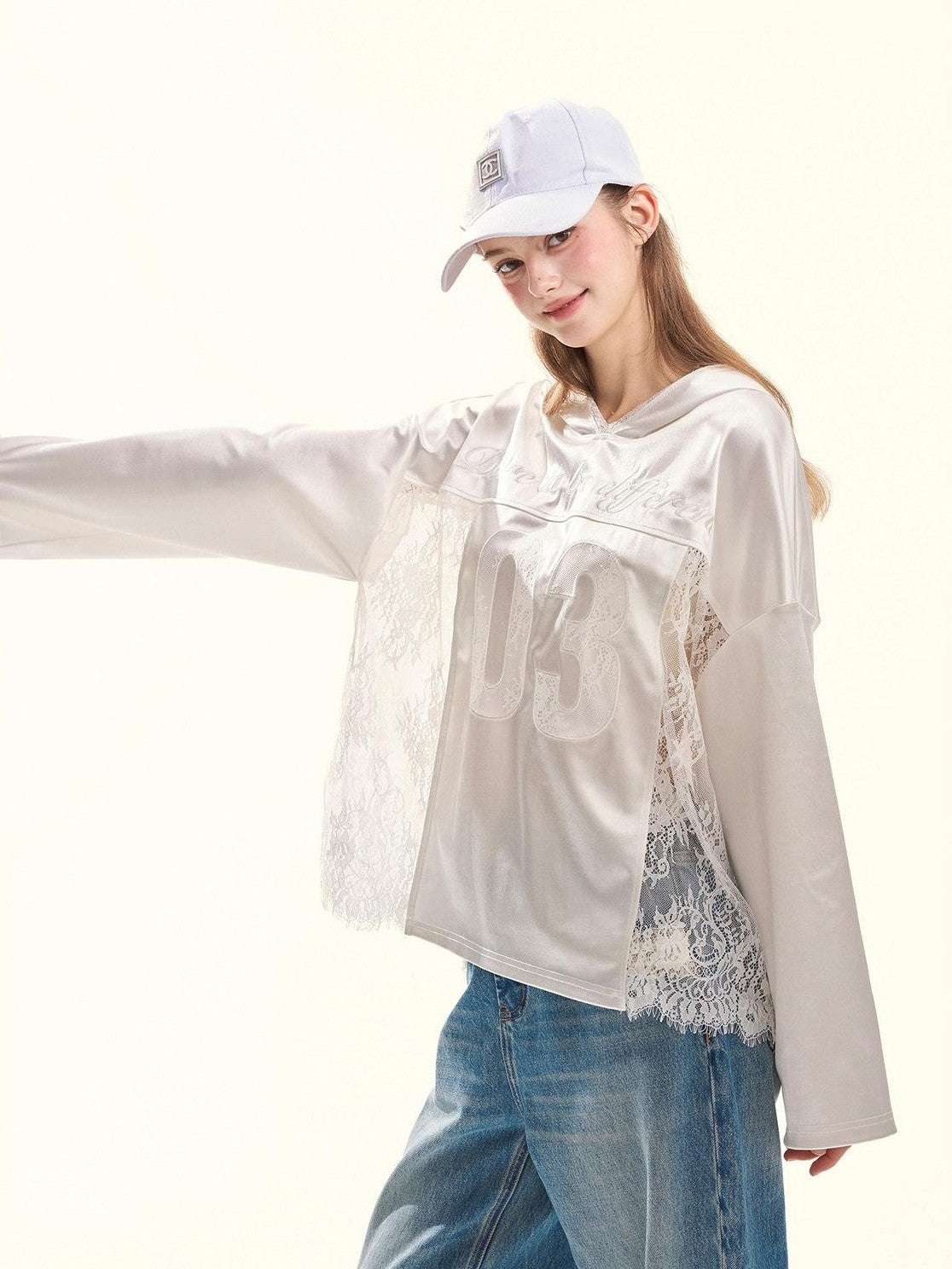Girly Fancy Club Pearl White Lace Cutout Embroidered Hooded Women's Satin Long Sleeve T-shirts