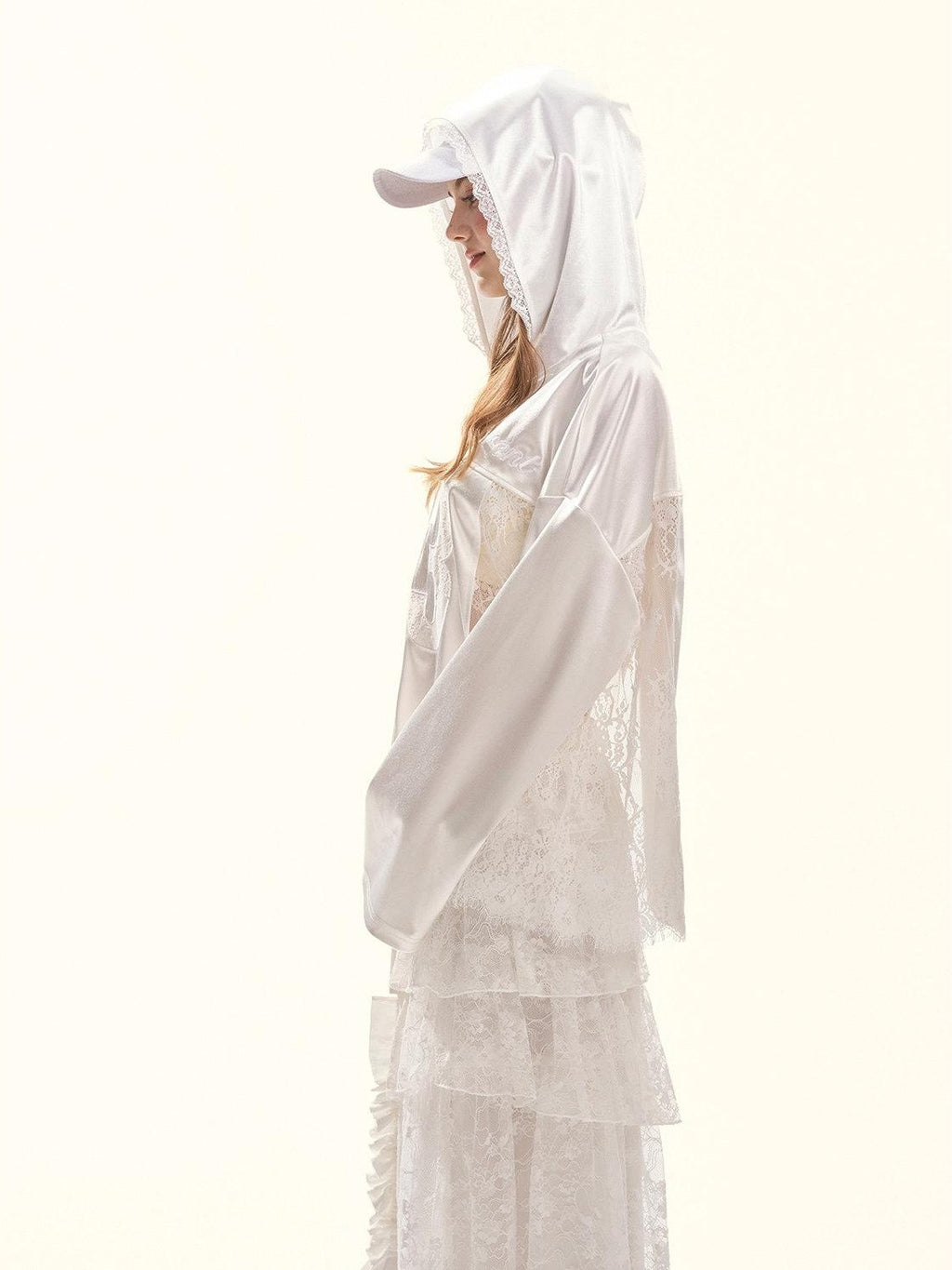 Girly Fancy Club Pearl White Lace Cutout Embroidered Hooded Women's Satin Long Sleeve T-shirts