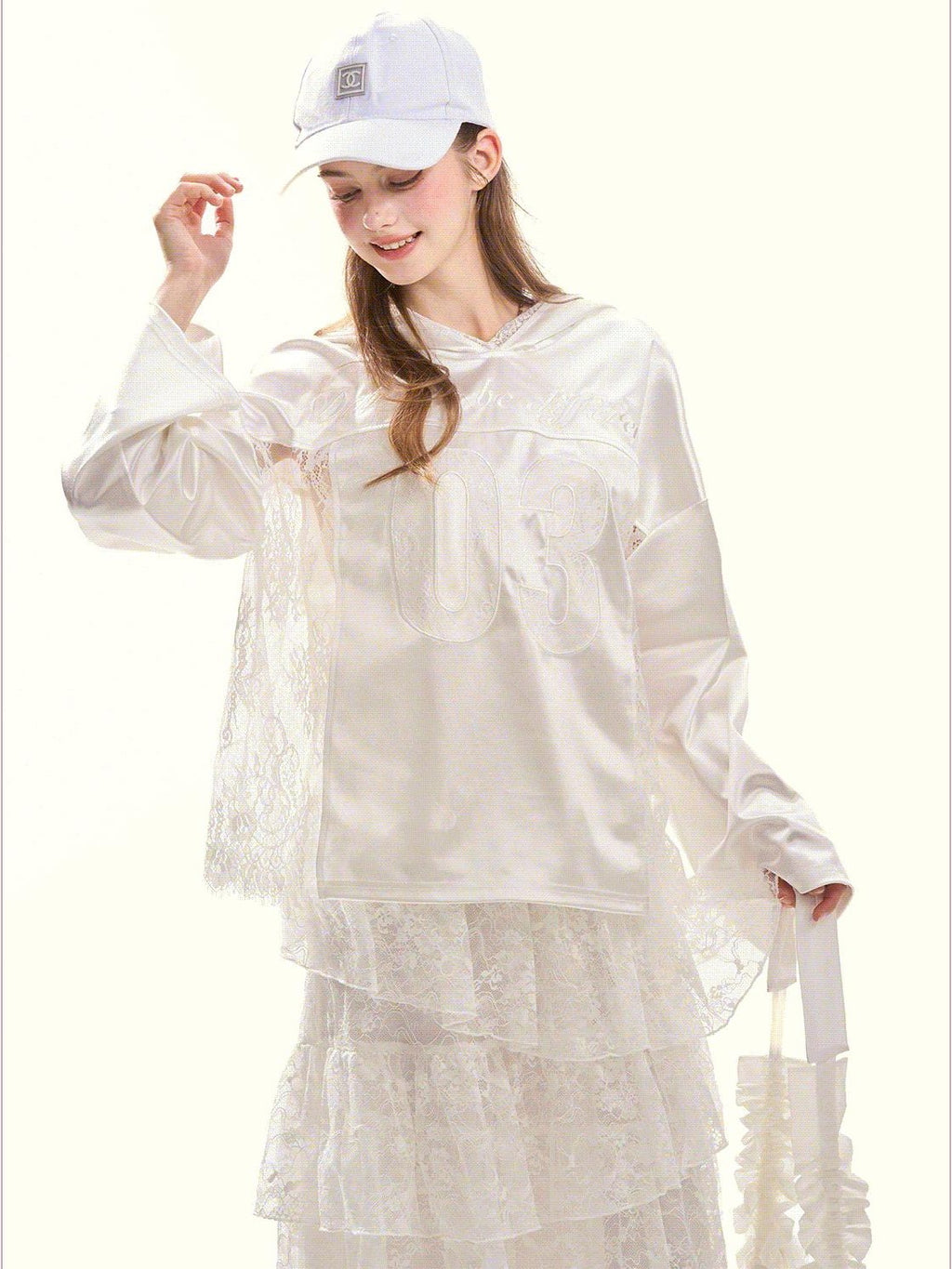 Girly Fancy Club Pearl White Lace Cutout Embroidered Hooded Women's Satin Long Sleeve T-shirts