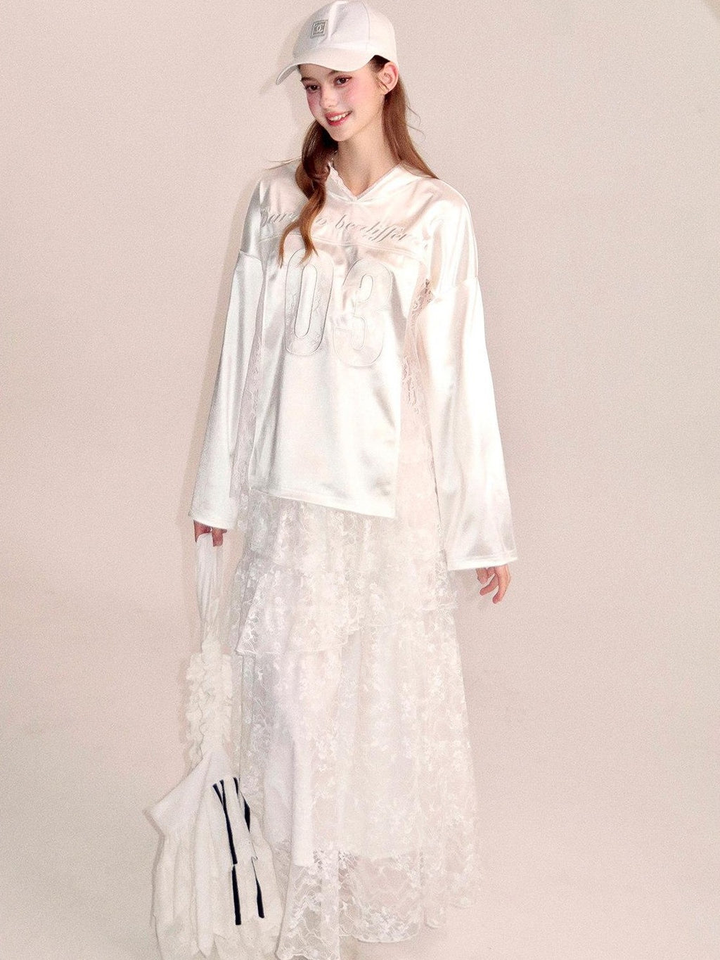 Girly Fancy Club Pearl White Lace Cutout Embroidered Hooded Women's Satin Long Sleeve T-shirts