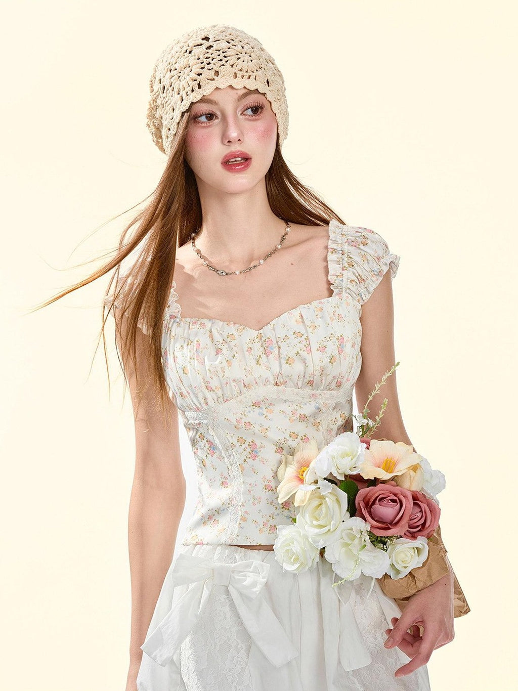Girly Fancy Club Pearlescent Ivory Ruched Fitted Short Floral Print Women's Satin Camisoles