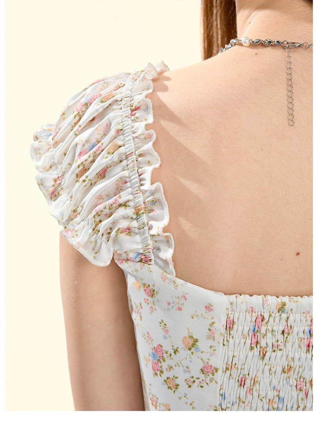 Girly Fancy Club Pearlescent Ivory Ruched Fitted Short Floral Print Women's Satin Camisoles
