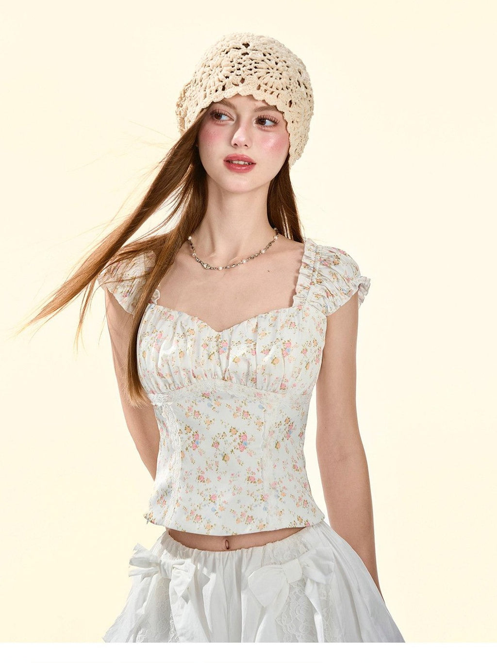 Girly Fancy Club Pearlescent Ivory Ruched Fitted Short Floral Print Women's Satin Camisoles