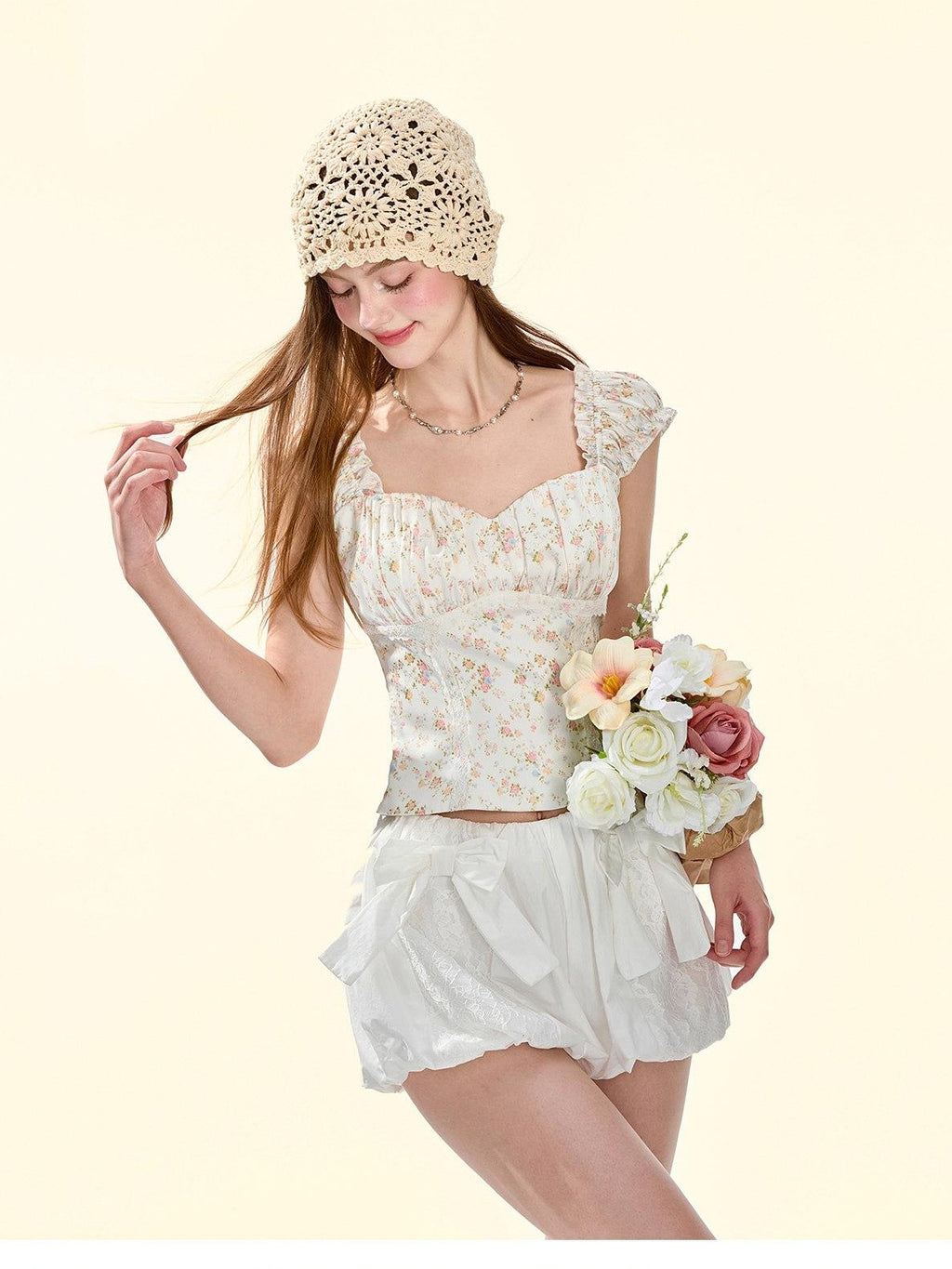 Girly Fancy Club Pearlescent Ivory Ruched Fitted Short Floral Print Women's Satin Camisoles