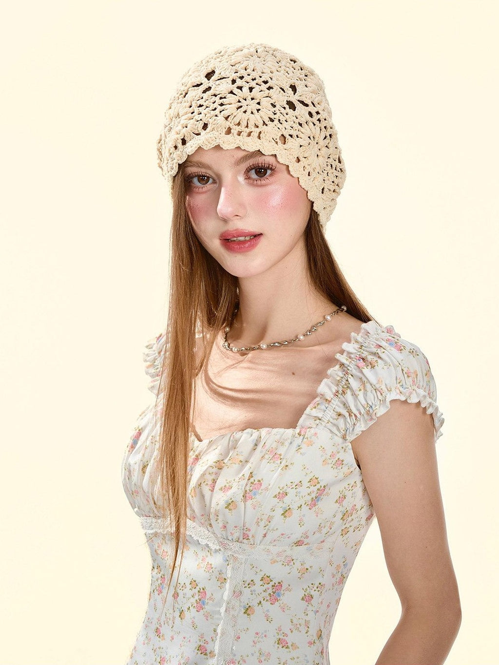 Girly Fancy Club Pearlescent Ivory Ruched Fitted Short Floral Print Women's Satin Camisoles