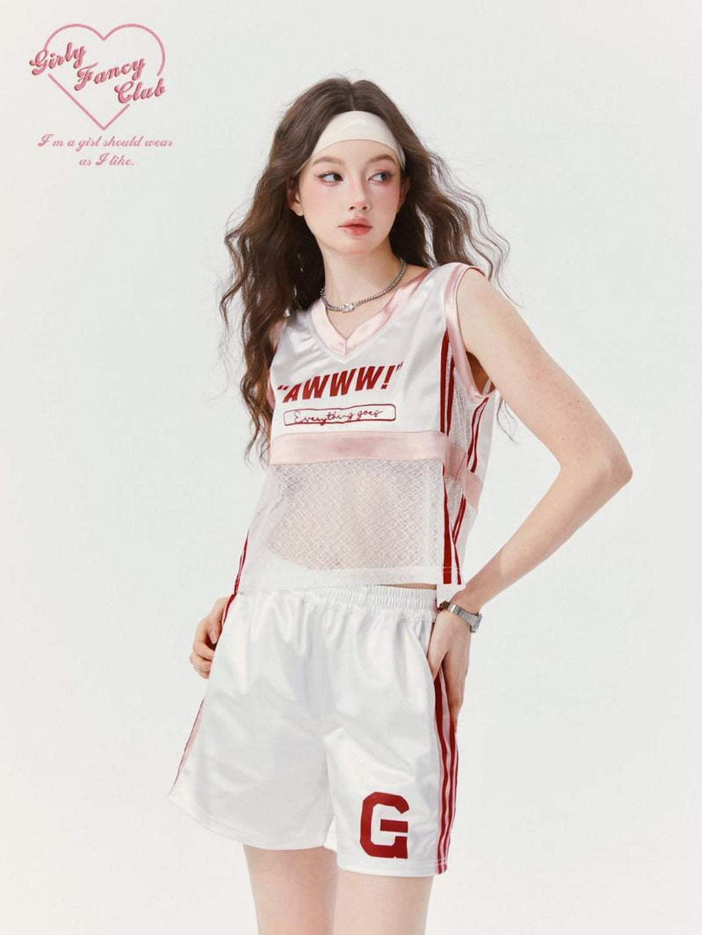 Girly Fancy Club Pearlescent Letter Print V-neck Crop Women's Polyester Sport Top & Shorts Sets