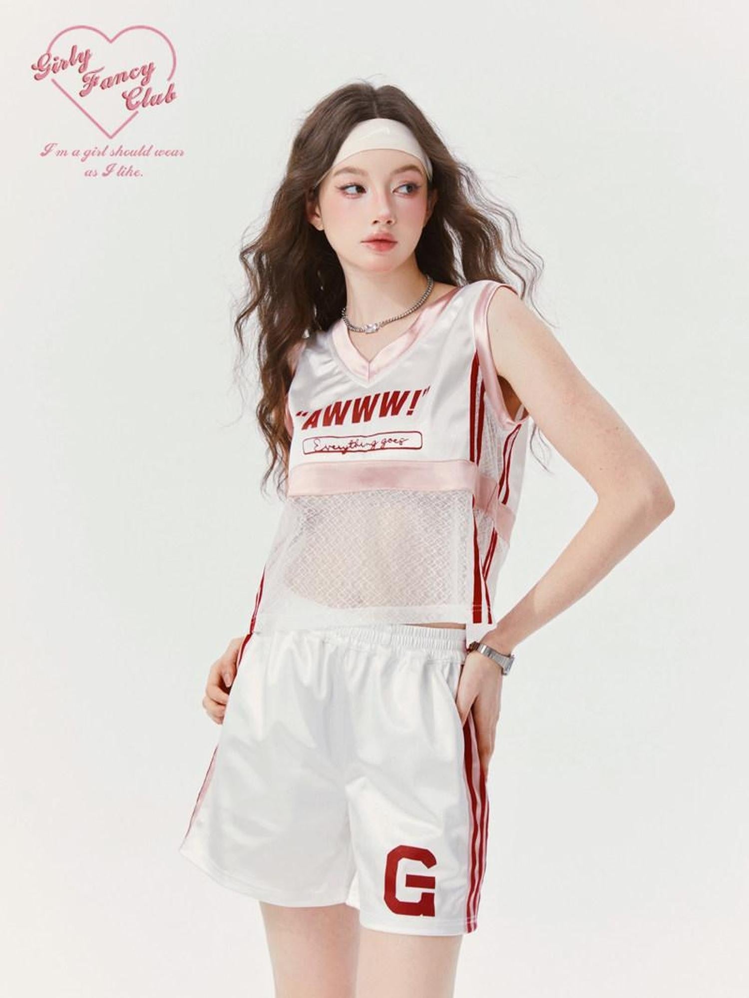 Girly Fancy Club Pearlescent Letter Print V-neck Crop Women's Polyester Sport Top & Shorts Sets