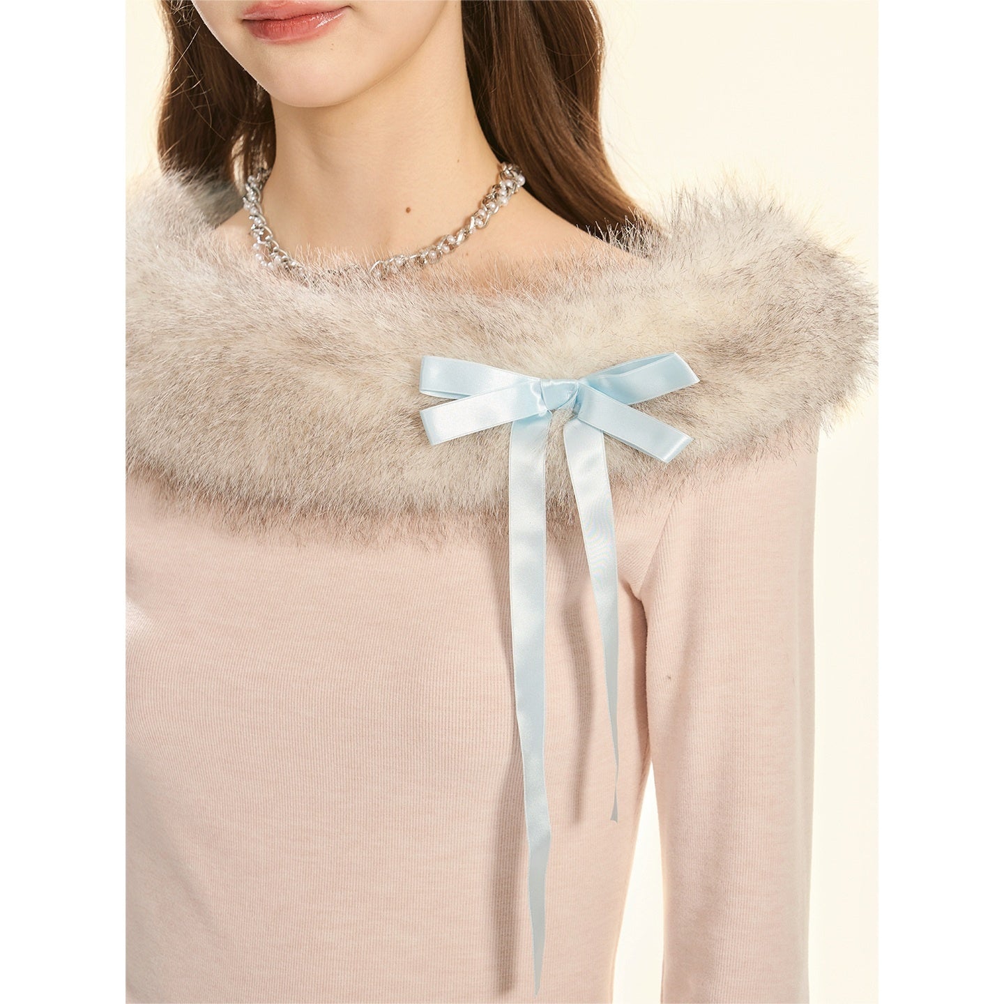 Girly_Fancy_Club_Pink_Bow_Slim_Fit_Fox_Fur_Collar_Women's_Plush_Knit_Off-shoulder_Sweaters_997140743429_MISSTT