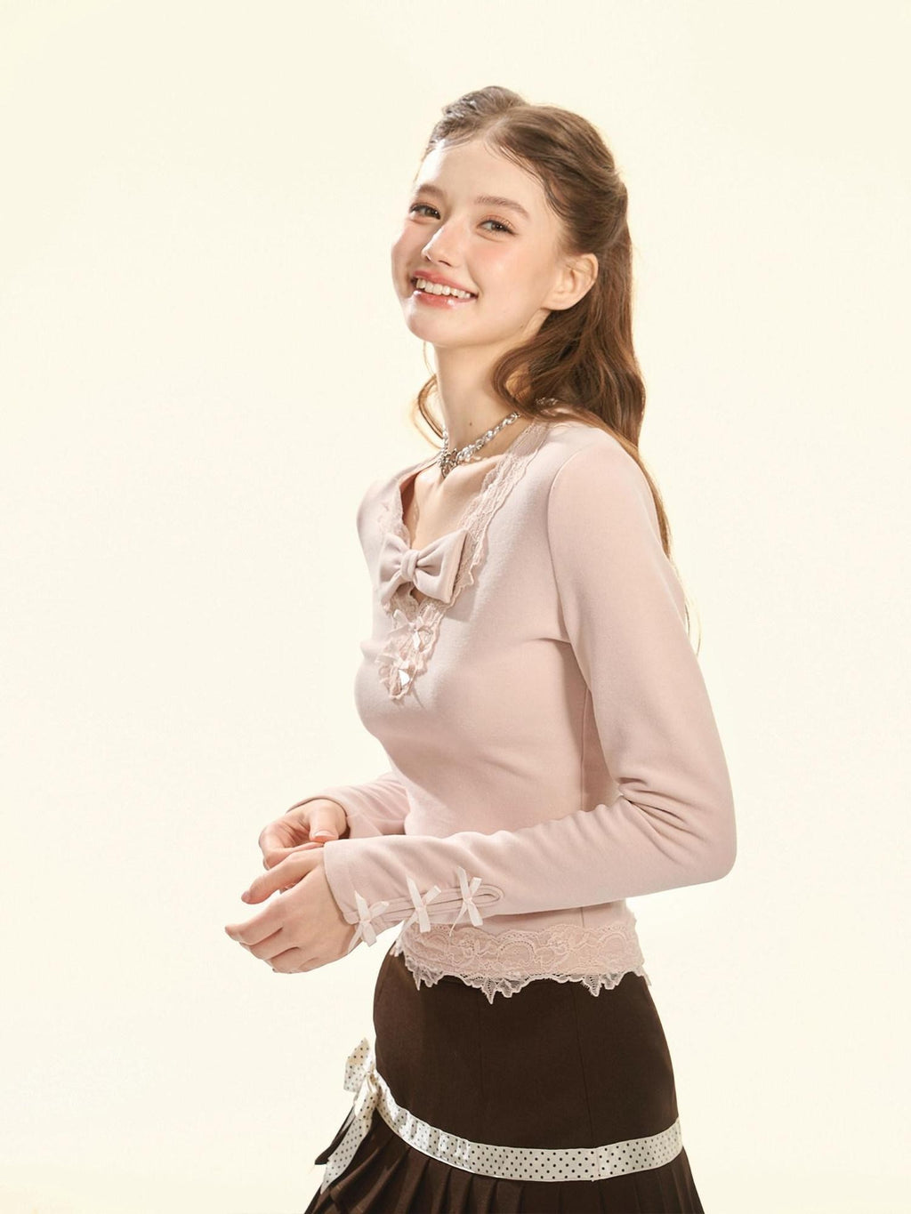 Girly Fancy Club Pink Bow Tie Lace Brushed Slim Fit Women's Poly Blend Long Sleeve T-shirts