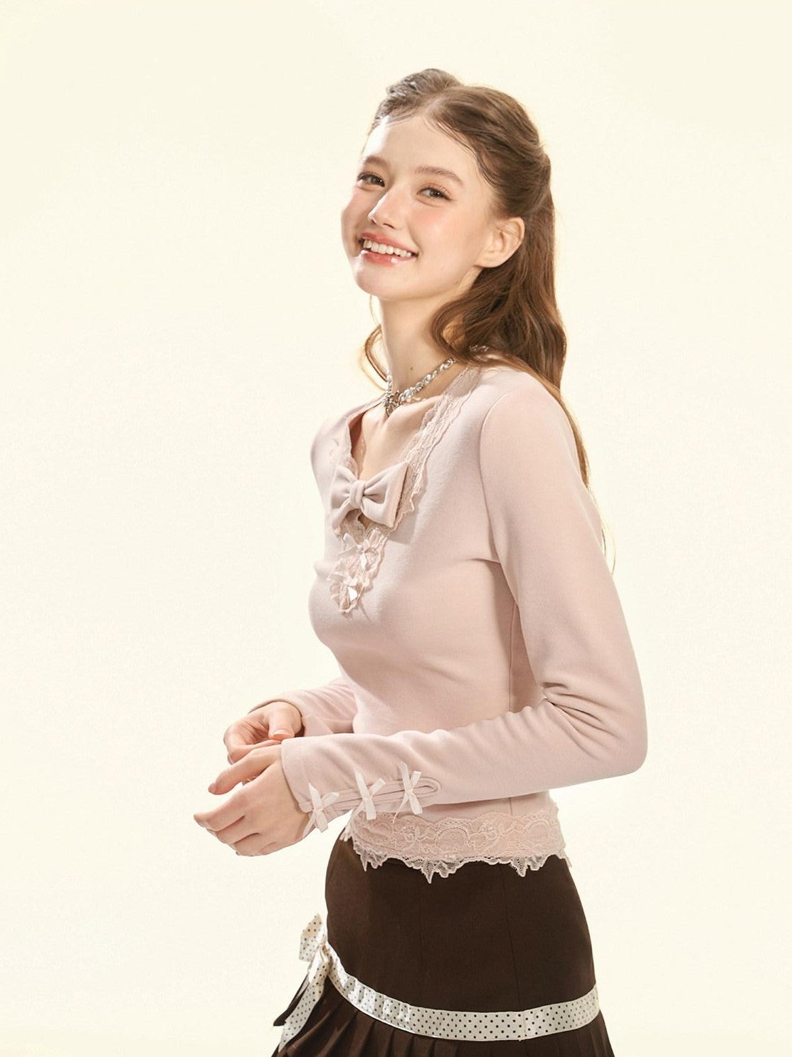 Girly Fancy Club Pink Bow Tie Lace Brushed Slim Fit Women's Poly Blend Long Sleeve T-shirts