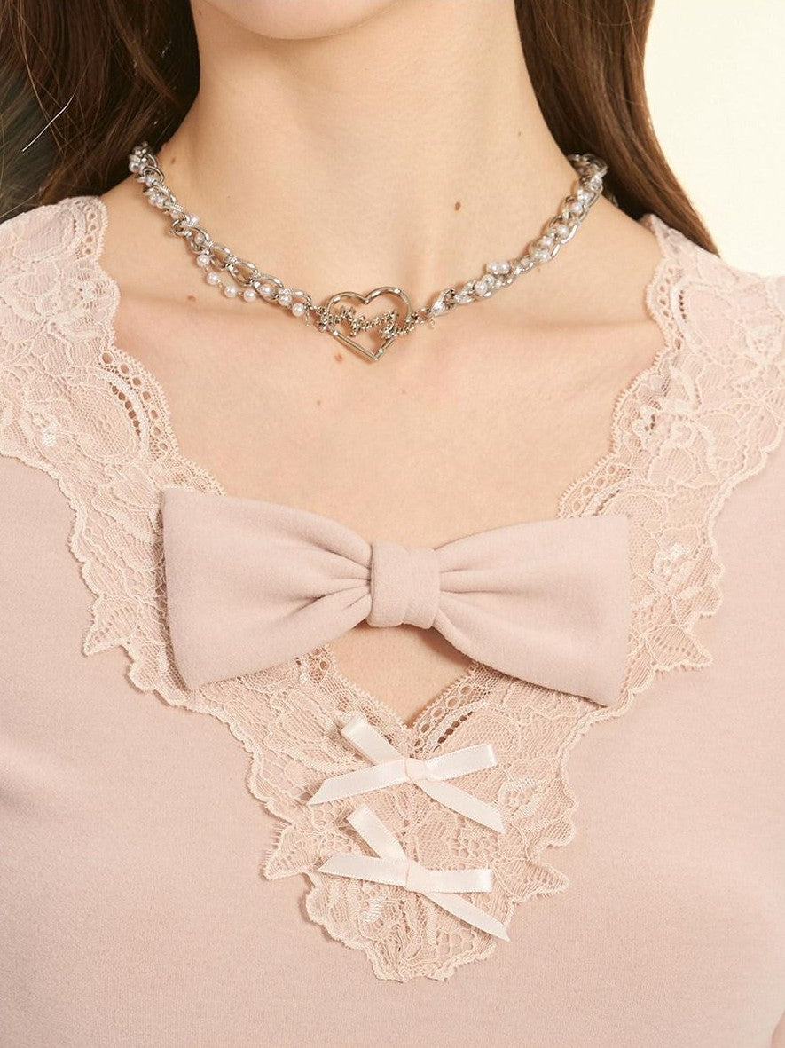 Girly Fancy Club Pink Bow Tie Lace Brushed Slim Fit Women's Poly Blend Long Sleeve T-shirts