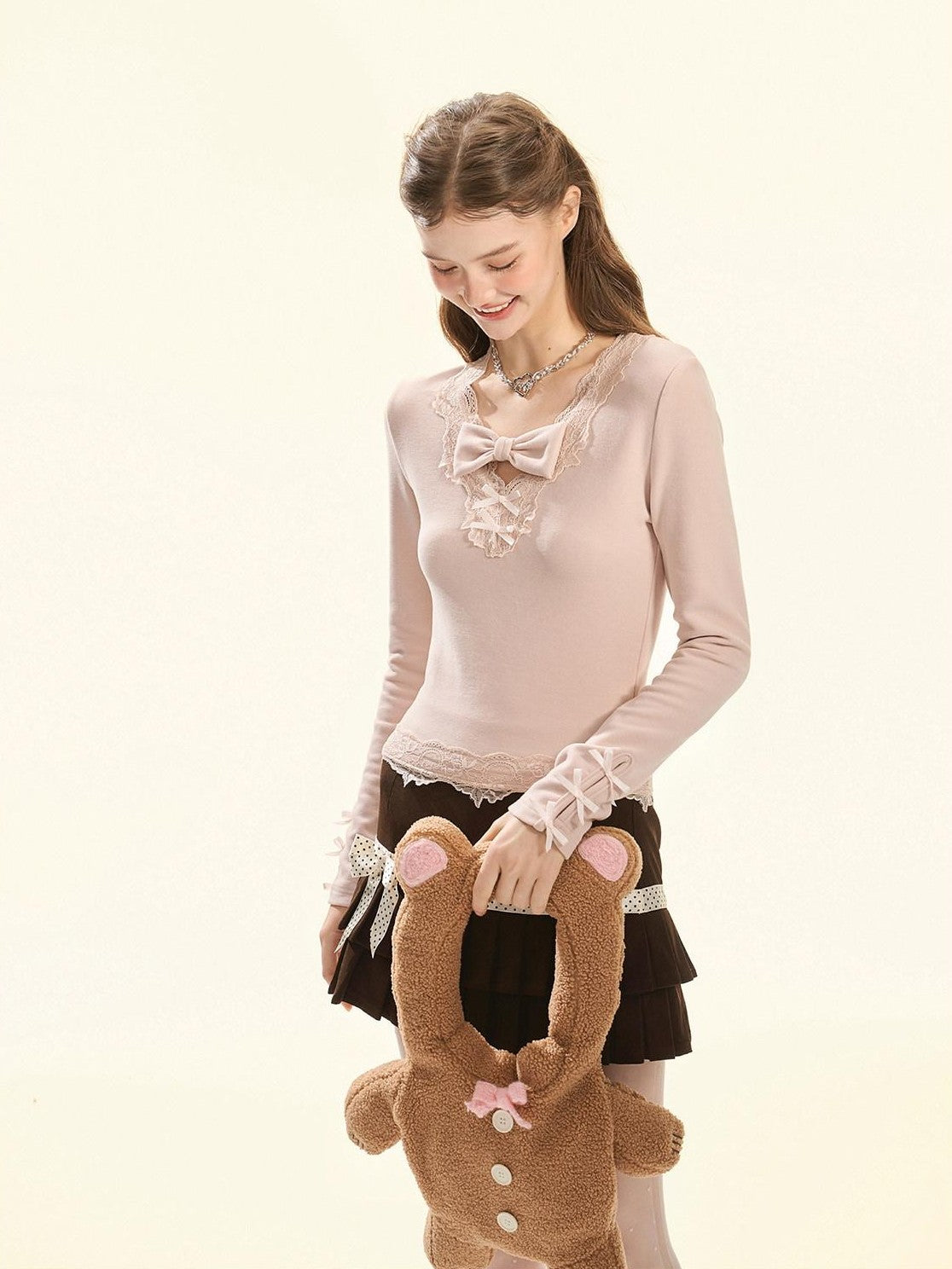 Girly Fancy Club Pink Bow Tie Lace Brushed Slim Fit Women's Poly Blend Long Sleeve T-shirts