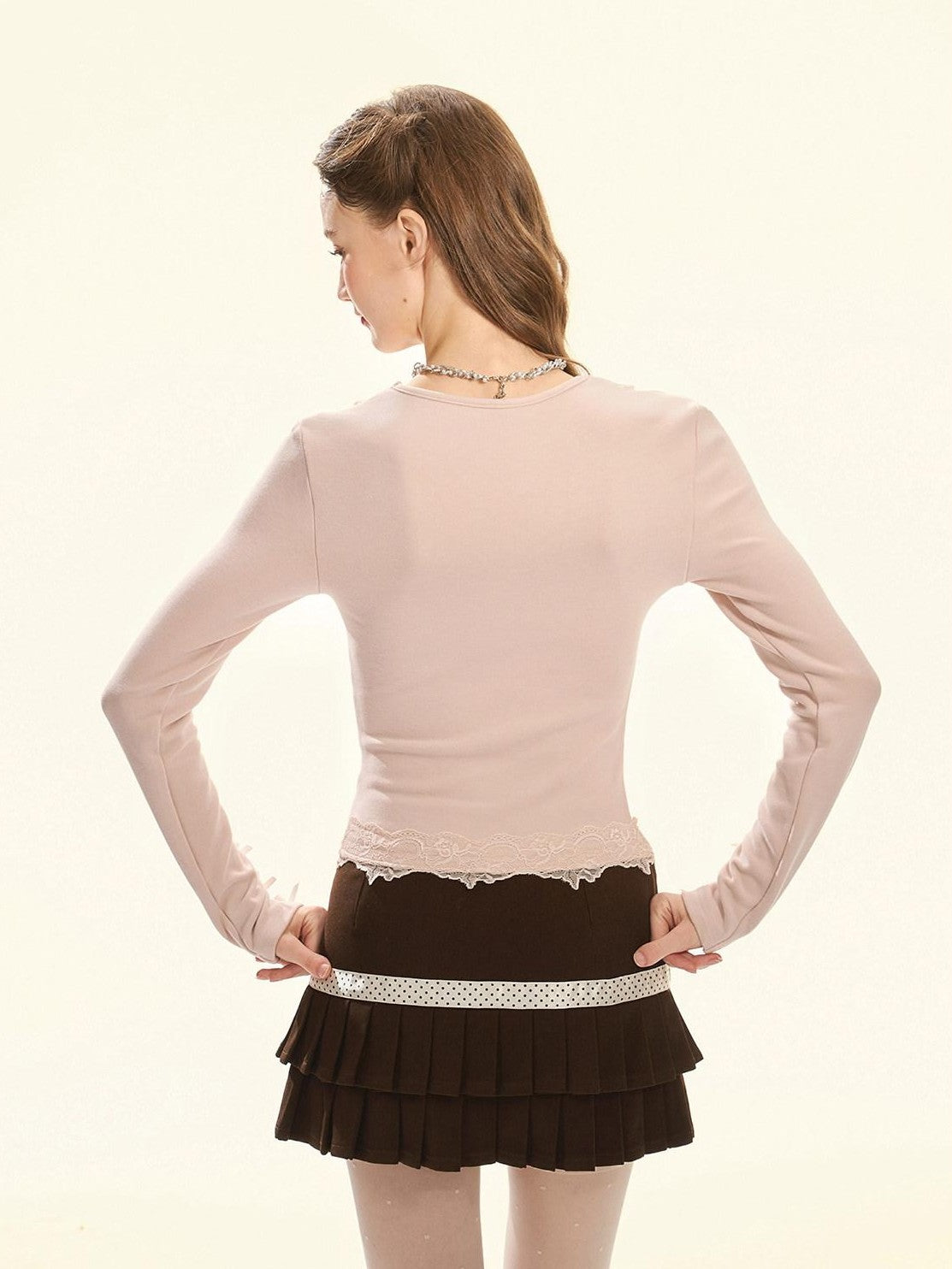 Girly Fancy Club Pink Bow Tie Lace Brushed Slim Fit Women's Poly Blend Long Sleeve T-shirts