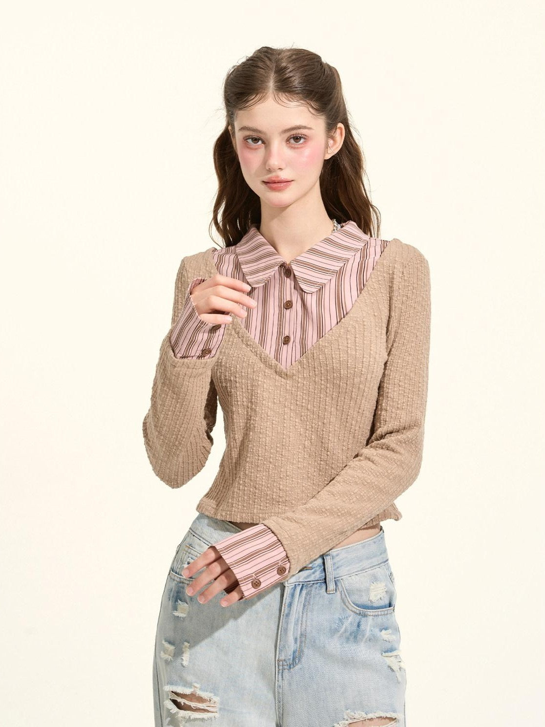 Girly Fancy Club Pink Brown Striped Spliced Knit Collar Faux Layered Women's Cotton Sweaters