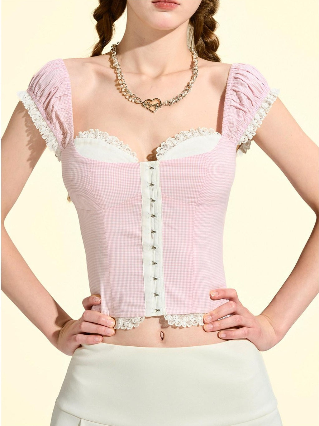 Girly Fancy Club Pink Check Lace U Neck Slim Women's Cotton Short Sleeve T-shirts