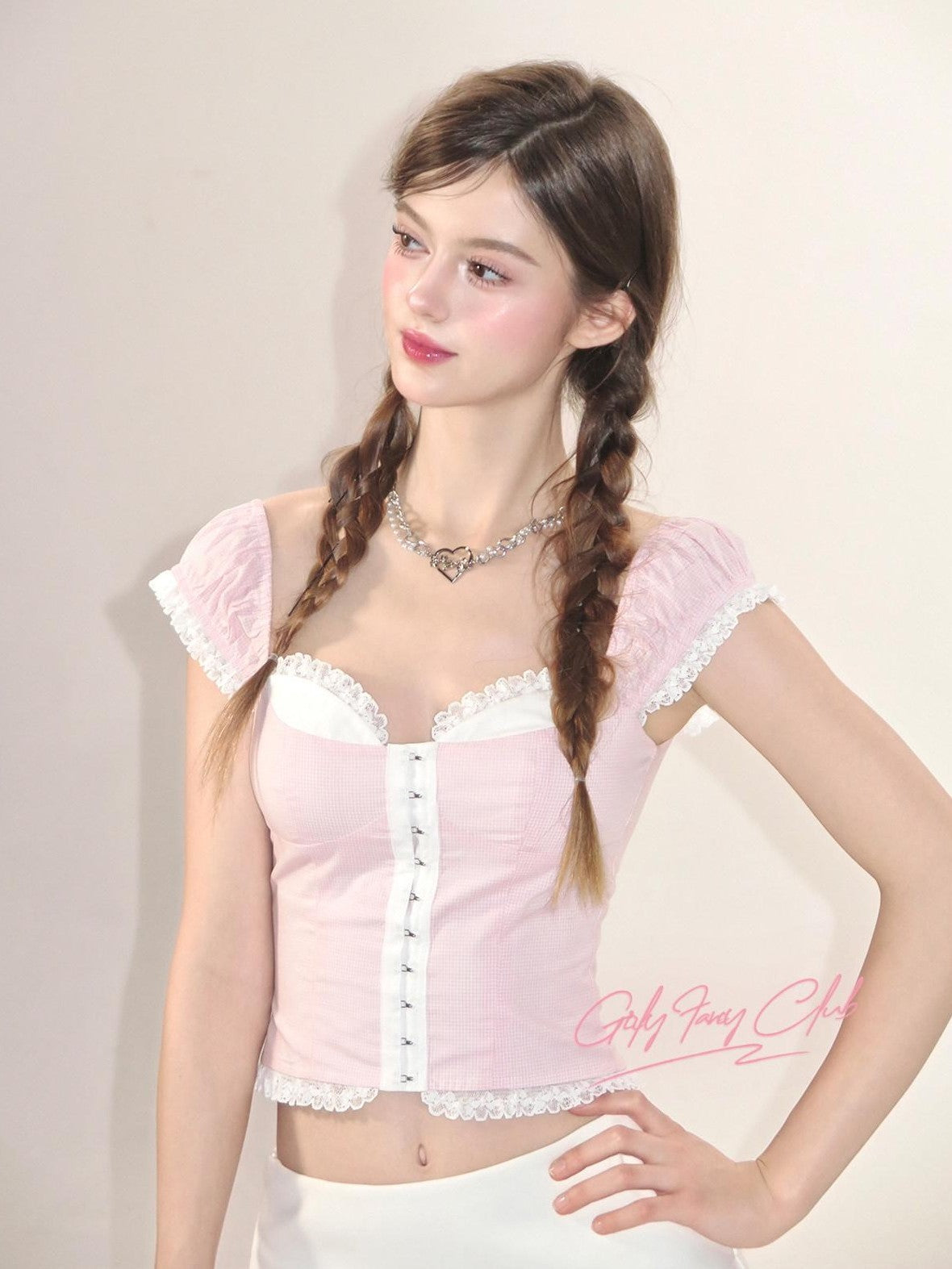 Girly Fancy Club Pink Check Lace U Neck Slim Women's Cotton Short Sleeve T-shirts