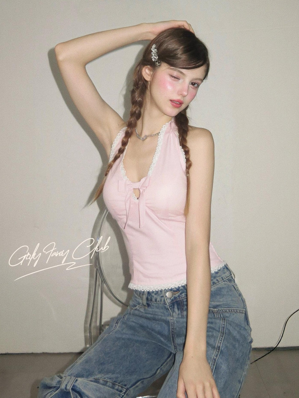 Girly Fancy Club Pink Gingham Bow Slim Fit U Neck Padded Women's Cotton Halter Tops