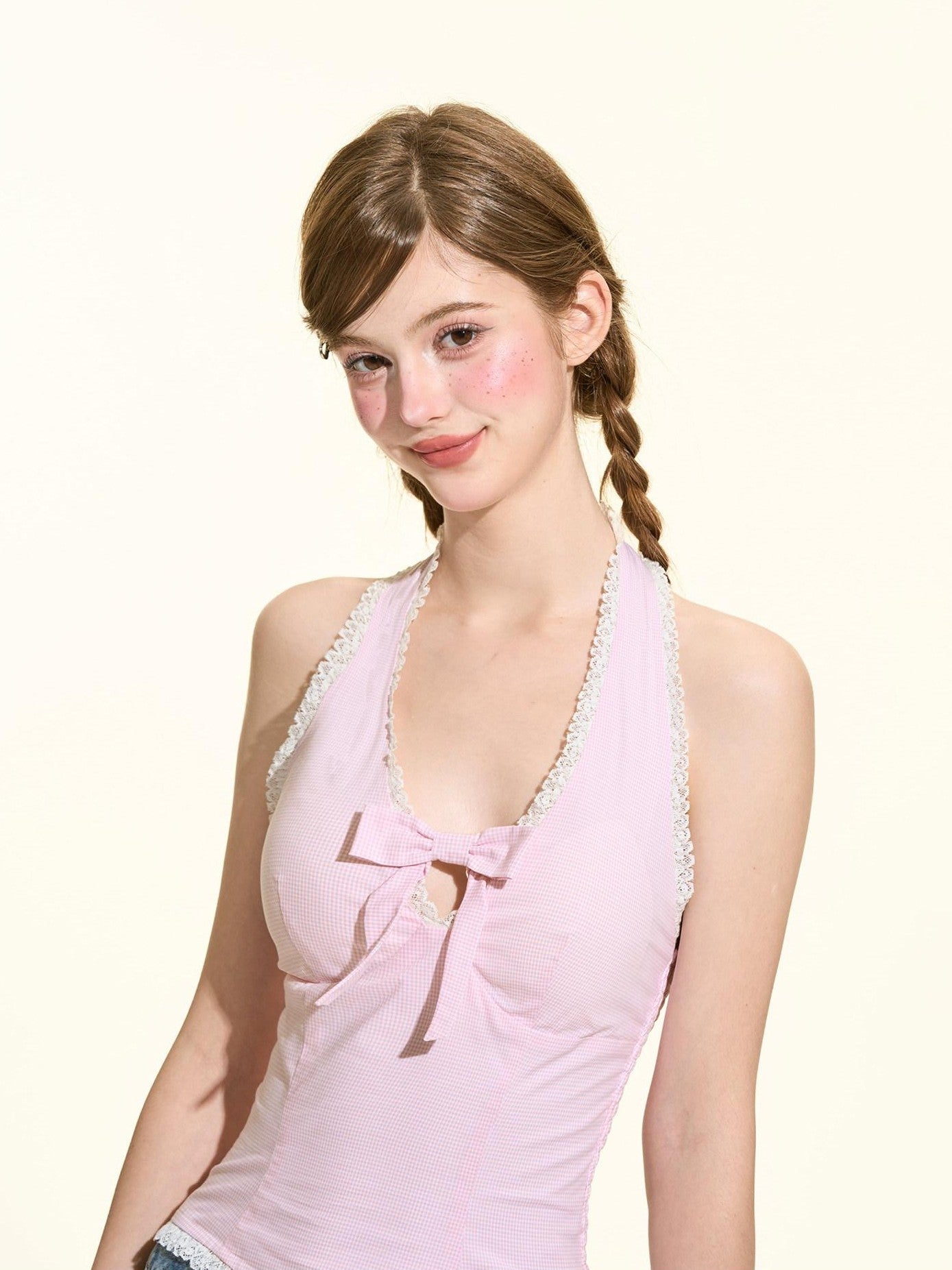 Girly Fancy Club Pink Gingham Bow Slim Fit U Neck Padded Women's Cotton Halter Tops