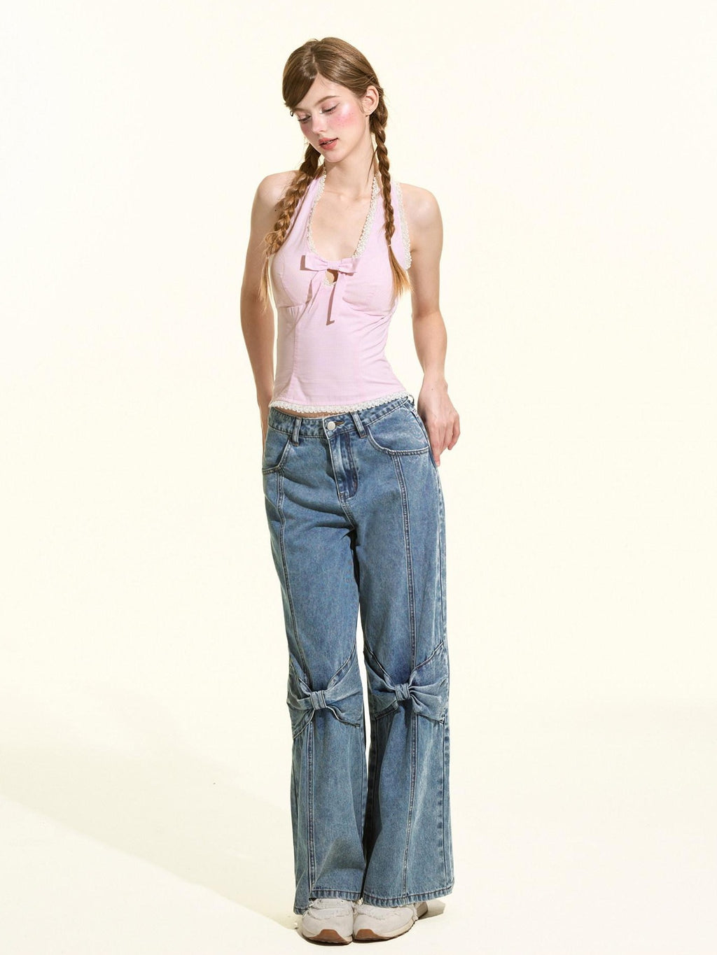 Girly Fancy Club Pink Gingham Bow Slim Fit U Neck Padded Women's Cotton Halter Tops
