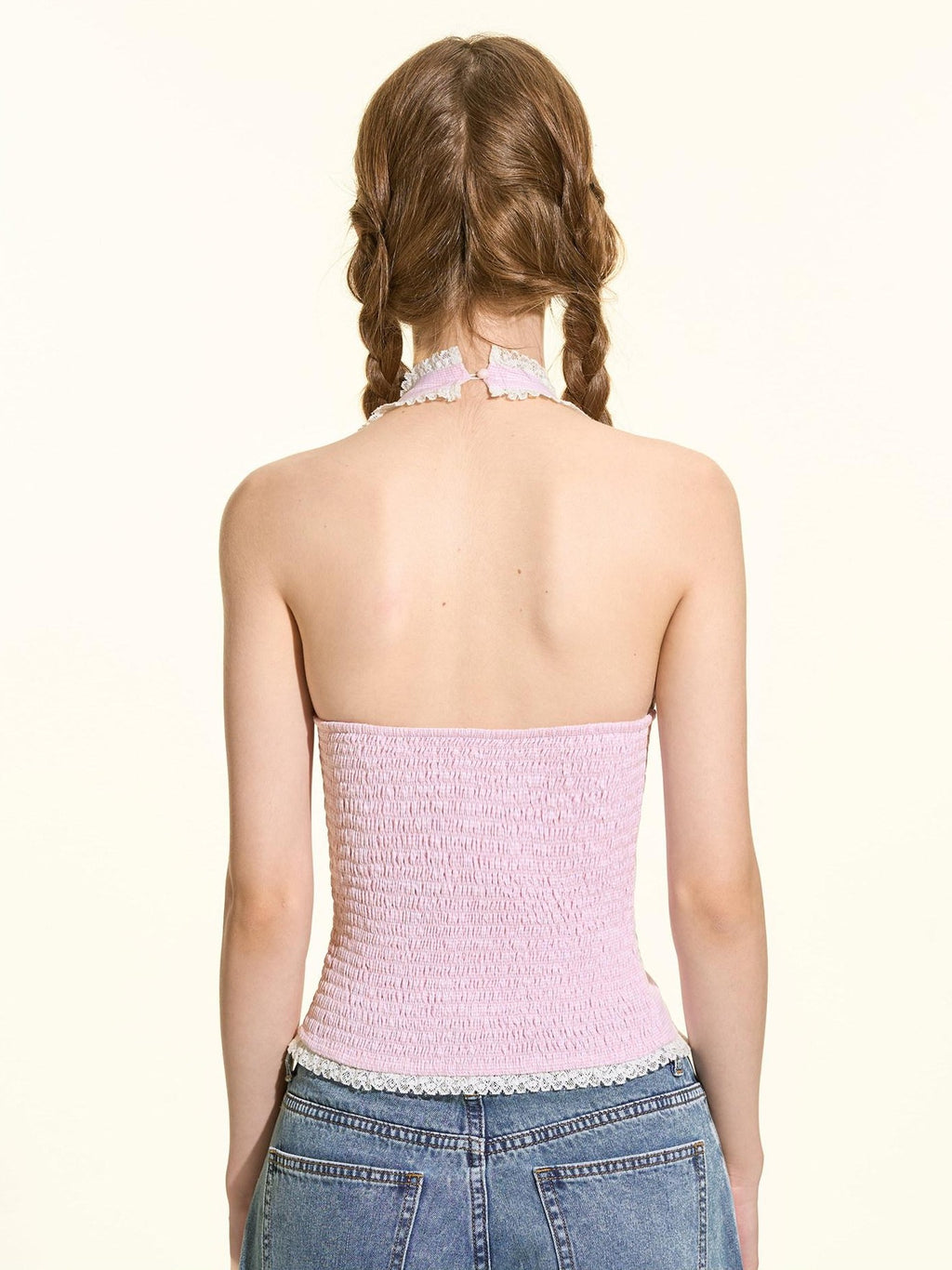 Girly Fancy Club Pink Gingham Bow Slim Fit U Neck Padded Women's Cotton Halter Tops
