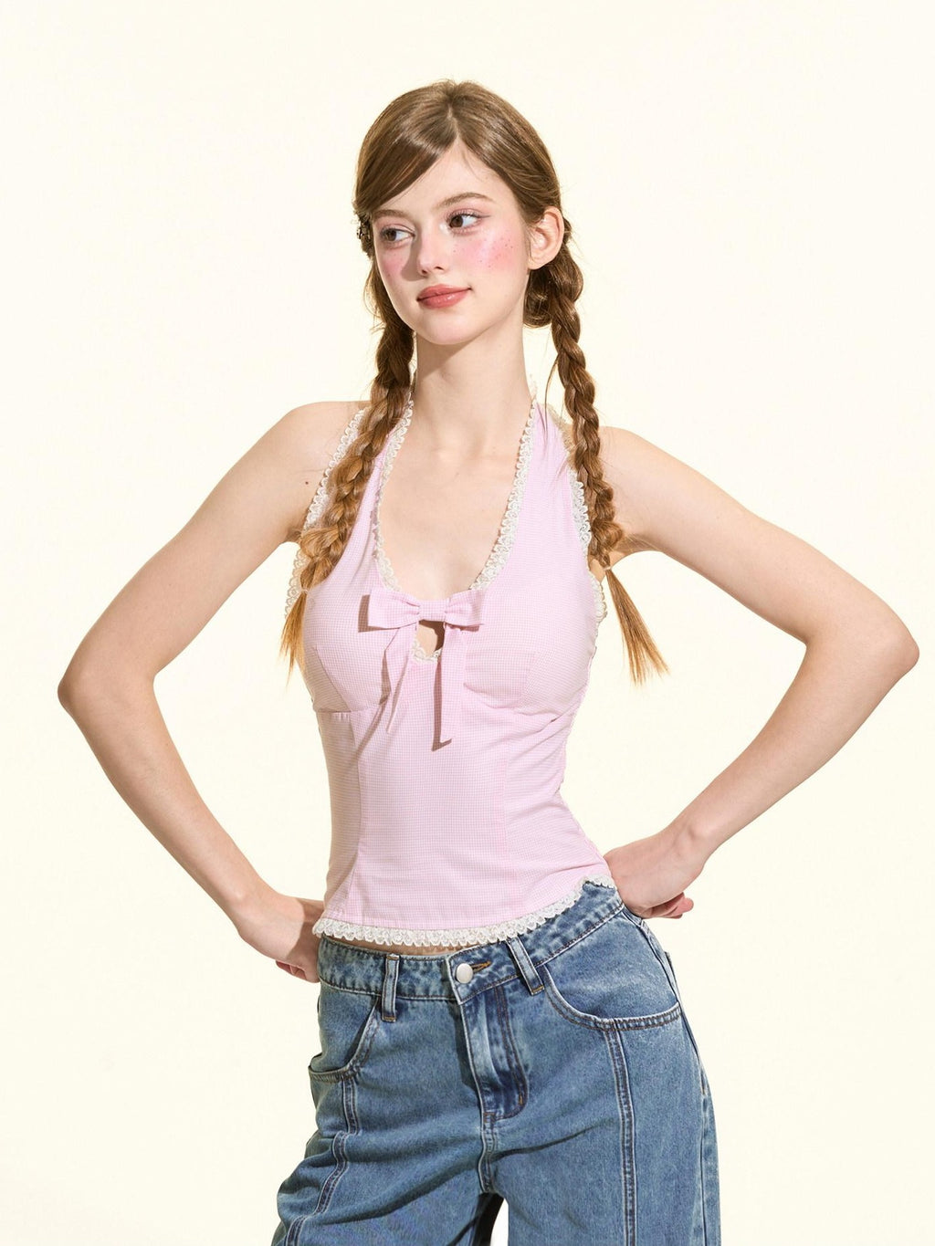 Girly Fancy Club Pink Gingham Bow Slim Fit U Neck Padded Women's Cotton Halter Tops