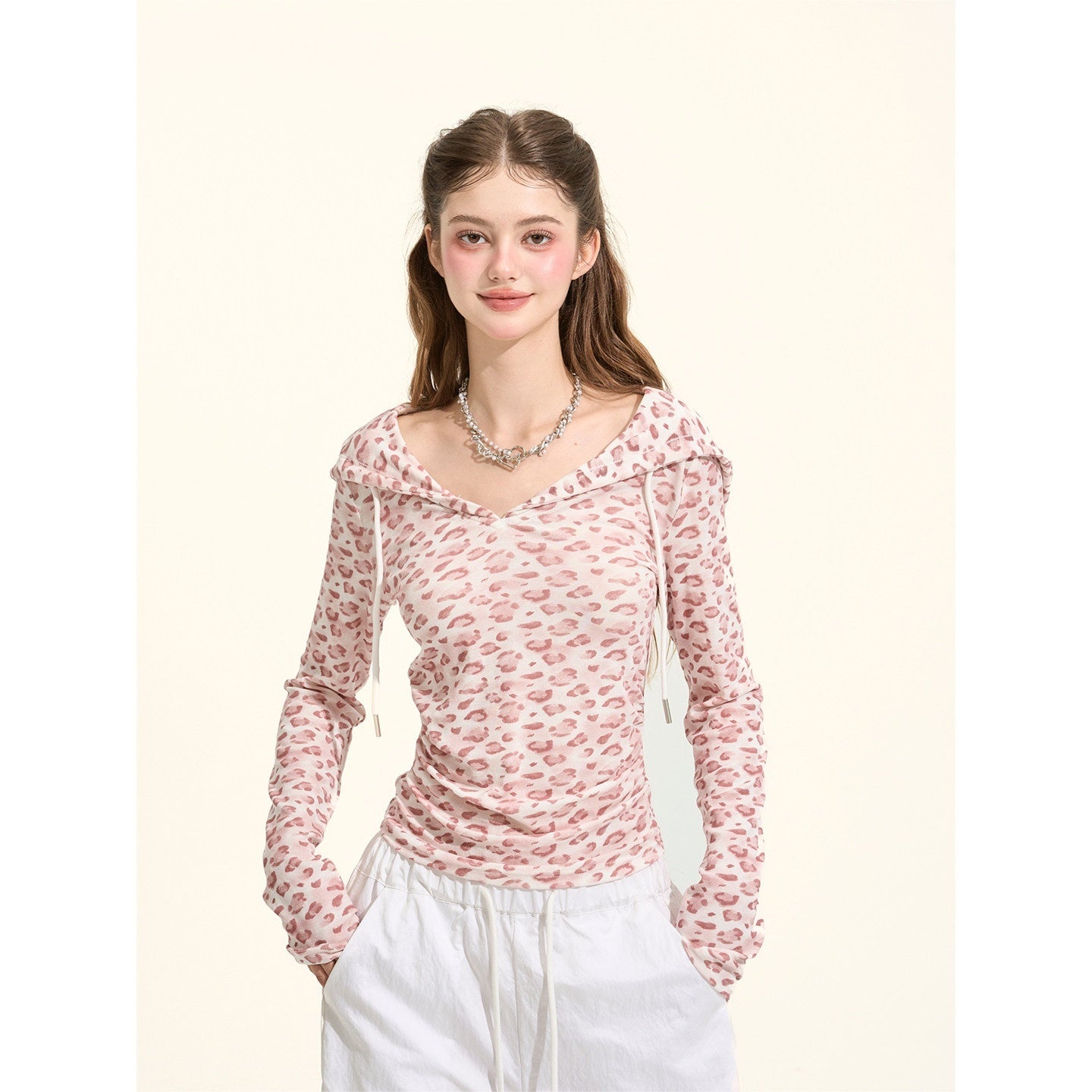 Girly_Fancy_Club_Pink_Leopard_Pleated_Hooded_Women's_Lyocell_Long_Sleeve_T-shirts_963877143877_MISSTT