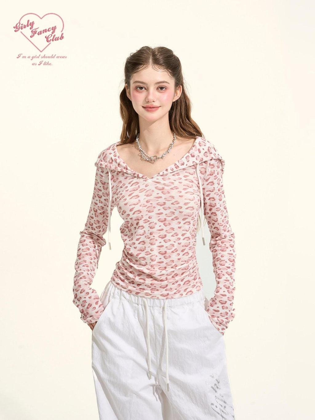 Girly Fancy Club Pink Leopard Pleated Hooded Women's Lyocell Long Sleeve T-shirts