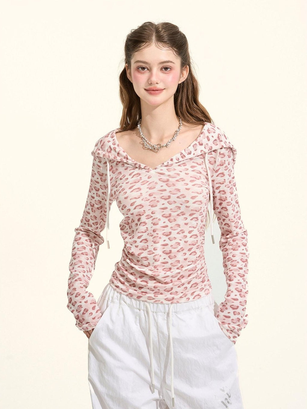 Girly Fancy Club Pink Leopard Pleated Hooded Women's Lyocell Long Sleeve T-shirts