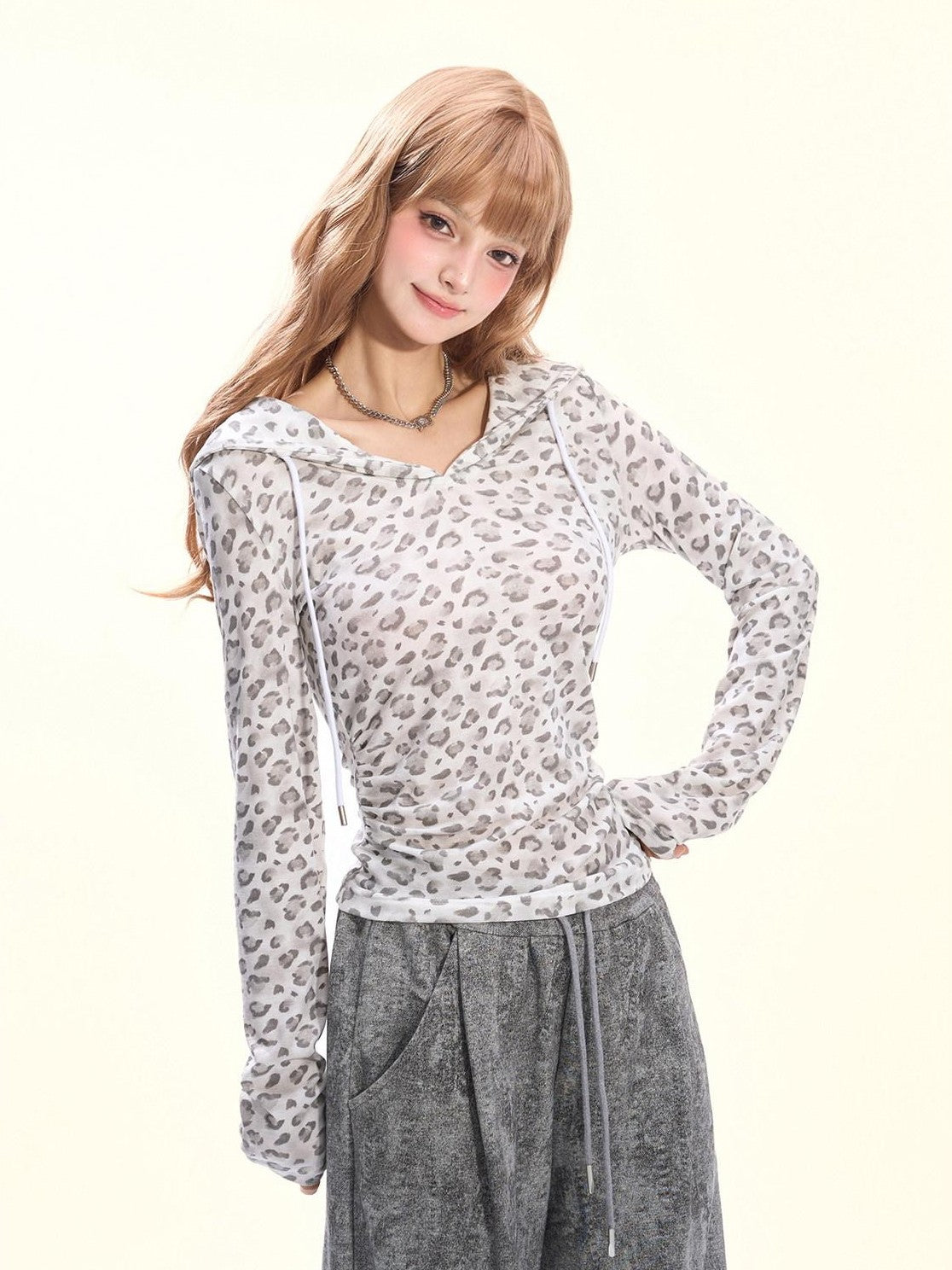 Girly Fancy Club Pink Leopard Pleated Hooded Women's Lyocell Long Sleeve T-shirts