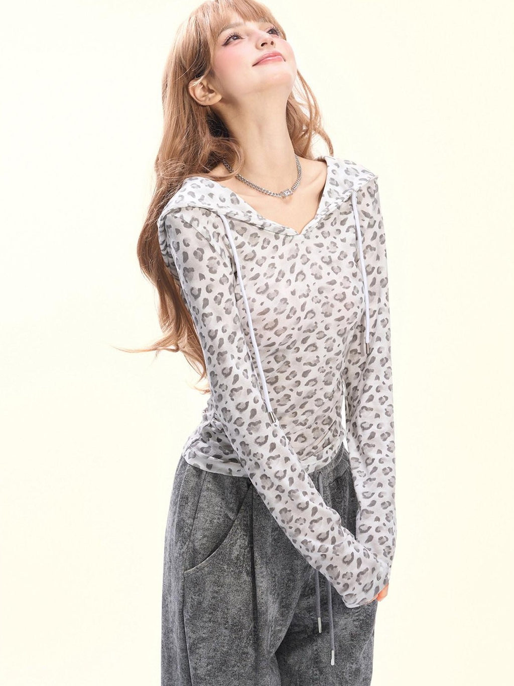 Girly Fancy Club Pink Leopard Pleated Hooded Women's Lyocell Long Sleeve T-shirts