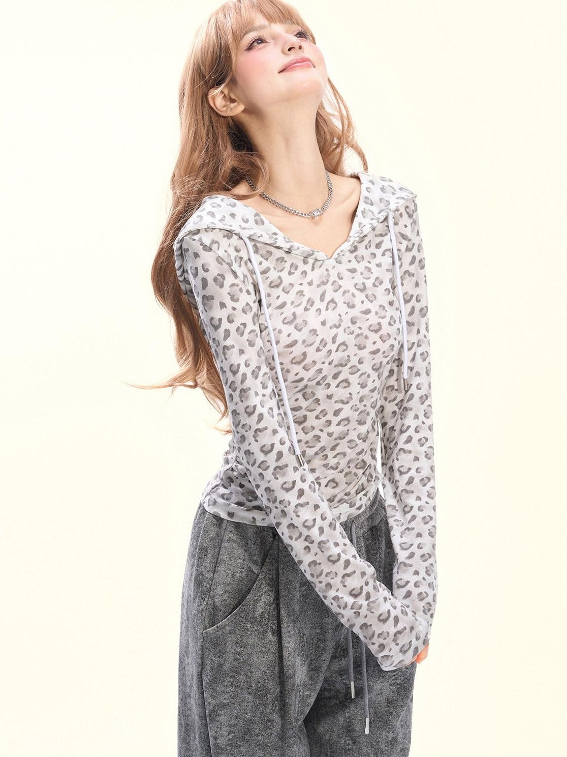 Girly Fancy Club Pink Leopard Pleated Hooded Women's Lyocell Long Sleeve T-shirts