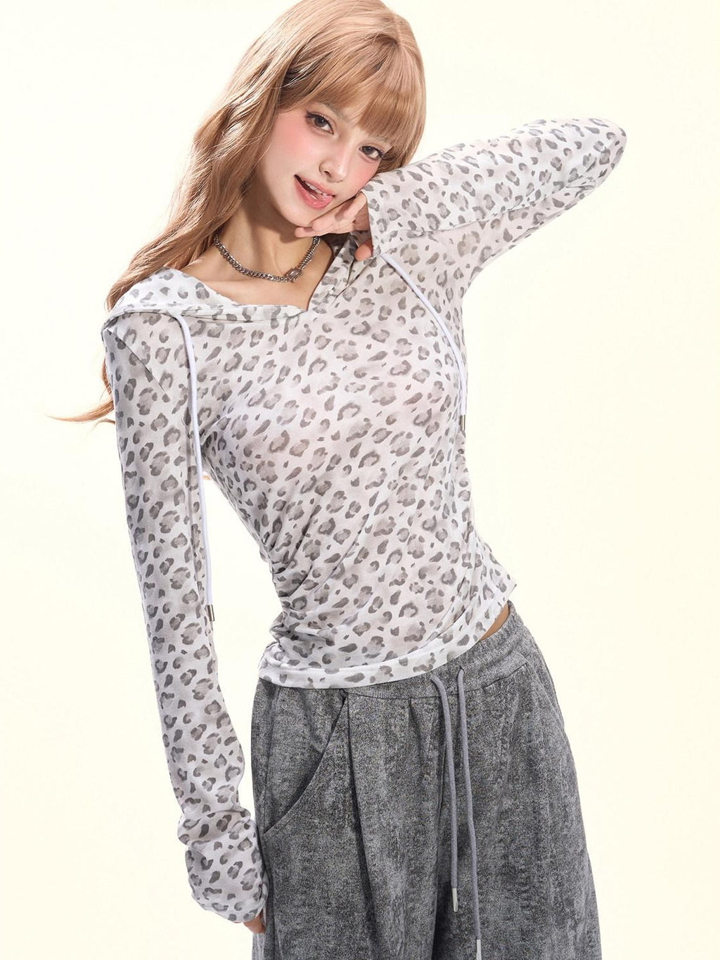 Girly Fancy Club Pink Leopard Pleated Hooded Women's Lyocell Long Sleeve T-shirts