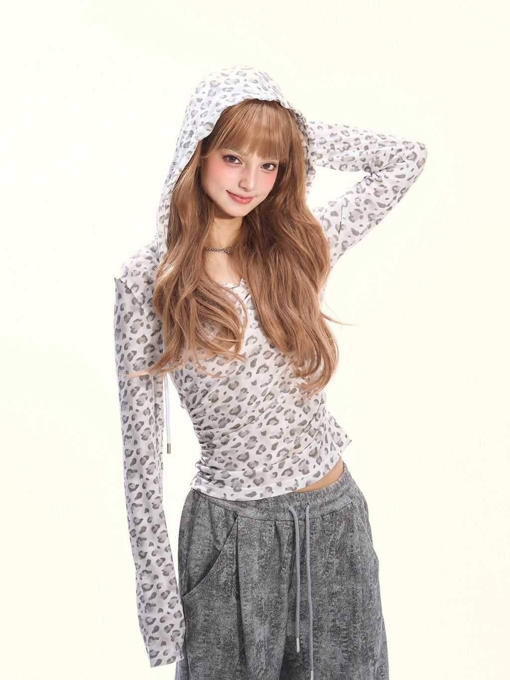 Girly Fancy Club Pink Leopard Pleated Hooded Women's Lyocell Long Sleeve T-shirts