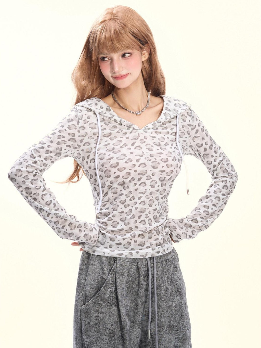 Girly Fancy Club Pink Leopard Pleated Hooded Women's Lyocell Long Sleeve T-shirts