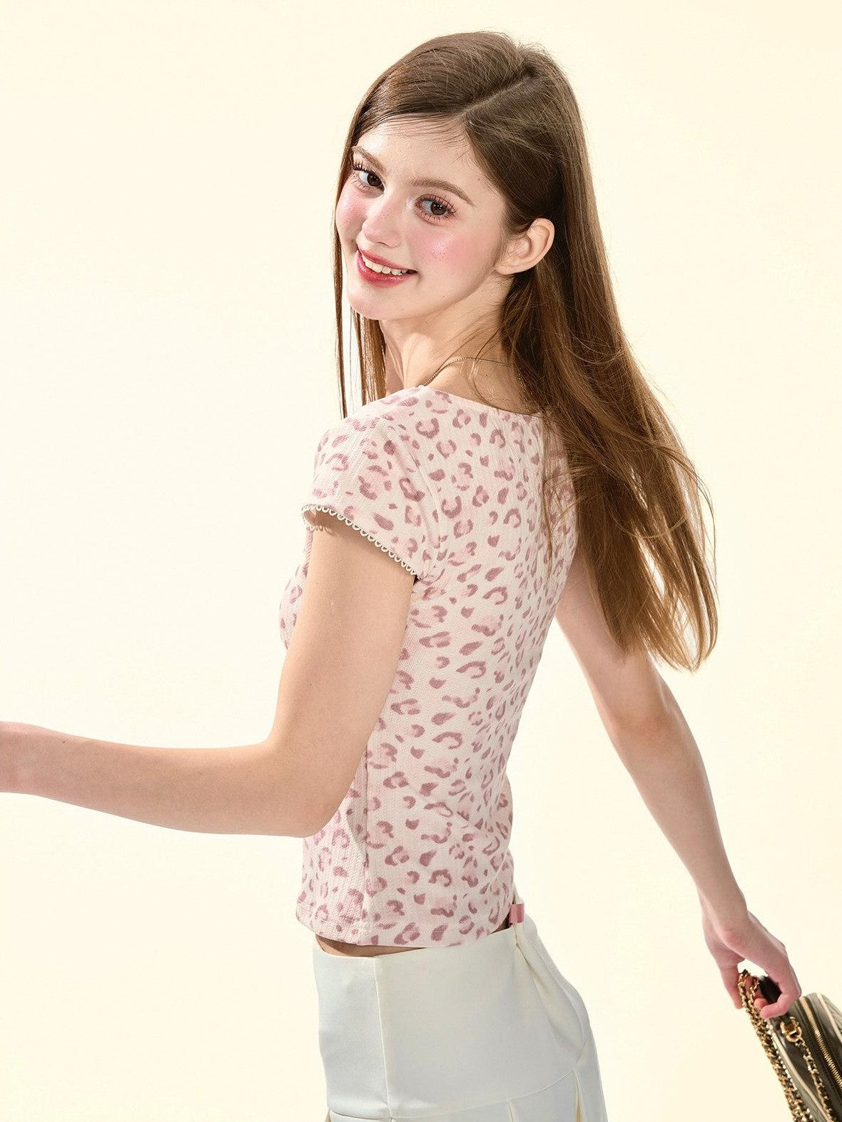 Girly Fancy Club Pink Leopard Printed U Neck Slim Fit Women's Rayon Short Sleeve T-shirts