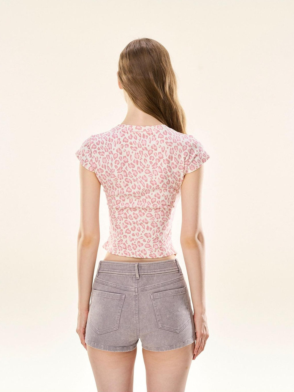 Girly Fancy Club Pink Leopard Ruched Slim Fit Women's Rayon Blend Short Sleeve T-shirts
