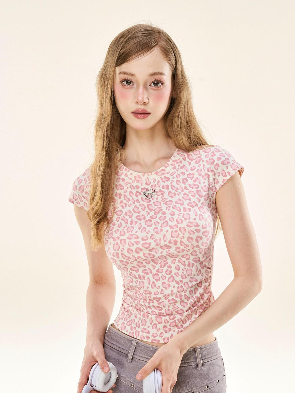 Girly Fancy Club Pink Leopard Ruched Slim Fit Women's Rayon Blend Short Sleeve T-shirts