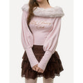 Girly_Fancy_Club_Pink_Letter_Print_Faux_Fur_Trim_Off_Shoulder_Lantern_Sleeve_Women's_Knit_Sweaters_1085163376543_MISSTT