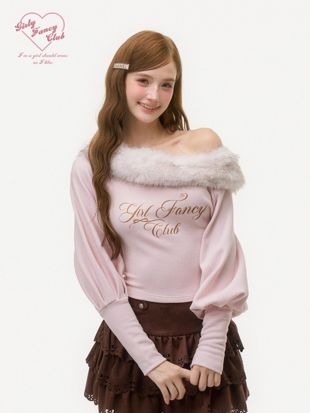 Girly Fancy Club Pink Letter Print Faux Fur Trim Off Shoulder Lantern Sleeve Women's Knit Sweaters