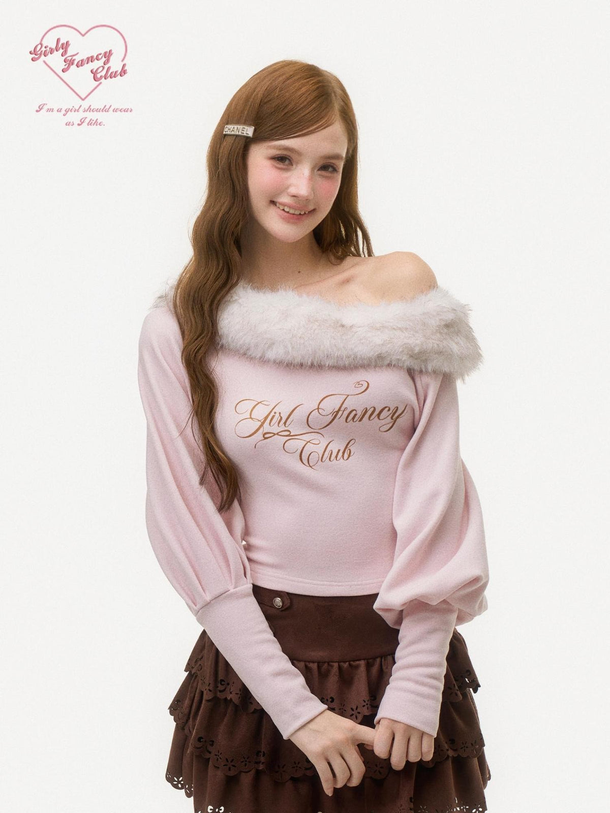 Girly Fancy Club Pink Letter Print Faux Fur Trim Off Shoulder Lantern Sleeve Women's Knit Sweaters