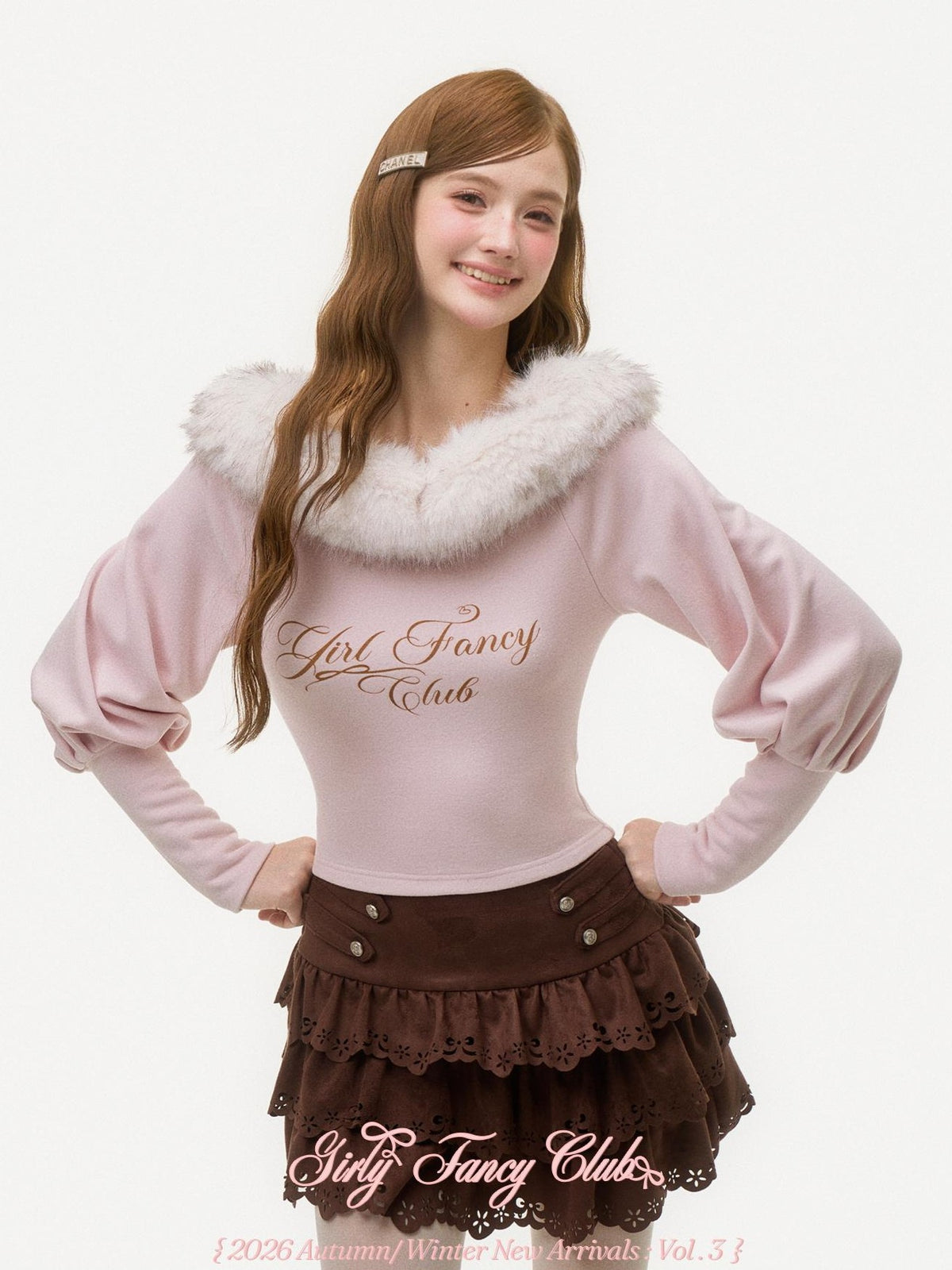Girly Fancy Club Pink Letter Print Faux Fur Trim Off Shoulder Lantern Sleeve Women's Knit Sweaters
