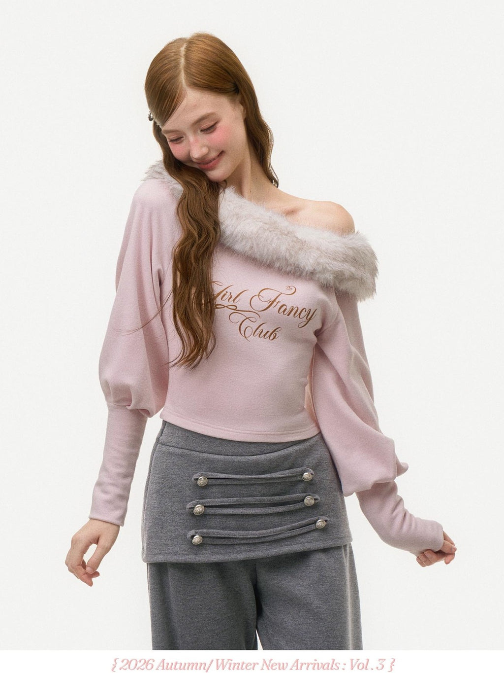Girly Fancy Club Pink Letter Print Faux Fur Trim Off Shoulder Lantern Sleeve Women's Knit Sweaters