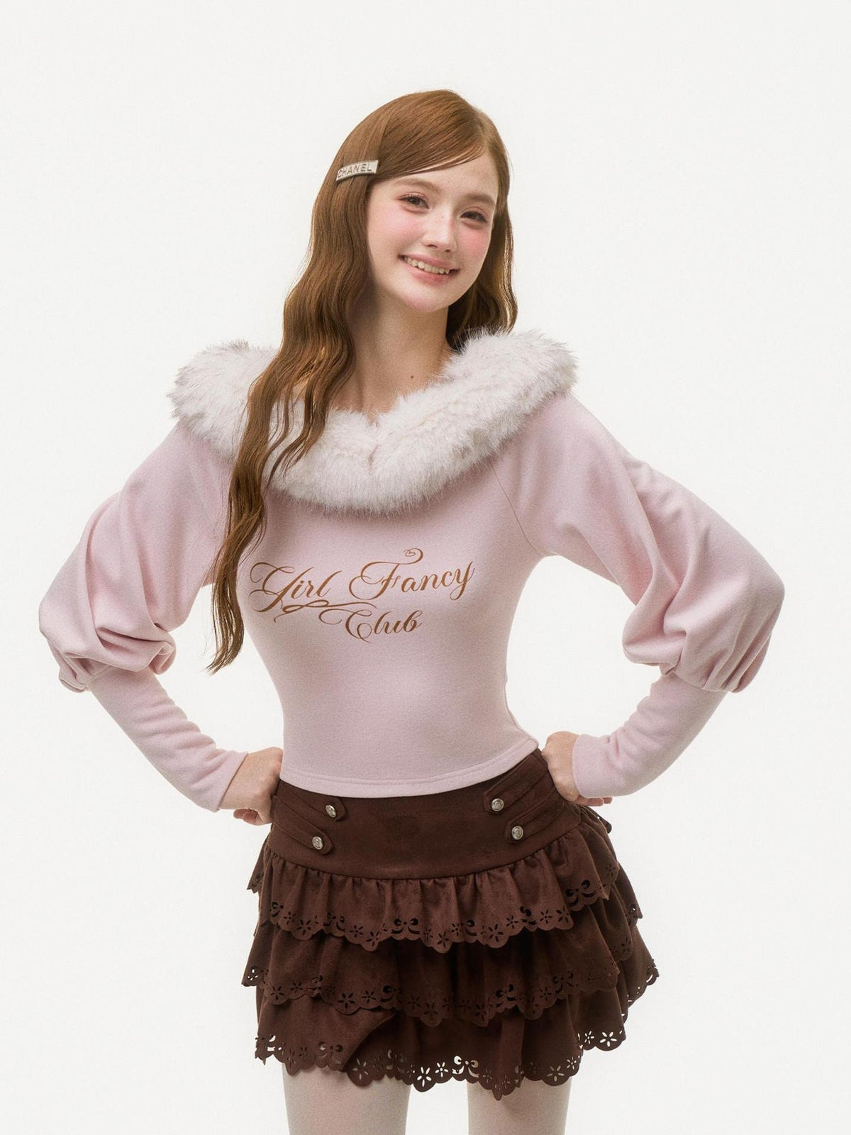 Girly Fancy Club Pink Letter Print Faux Fur Trim Off Shoulder Lantern Sleeve Women's Knit Sweaters