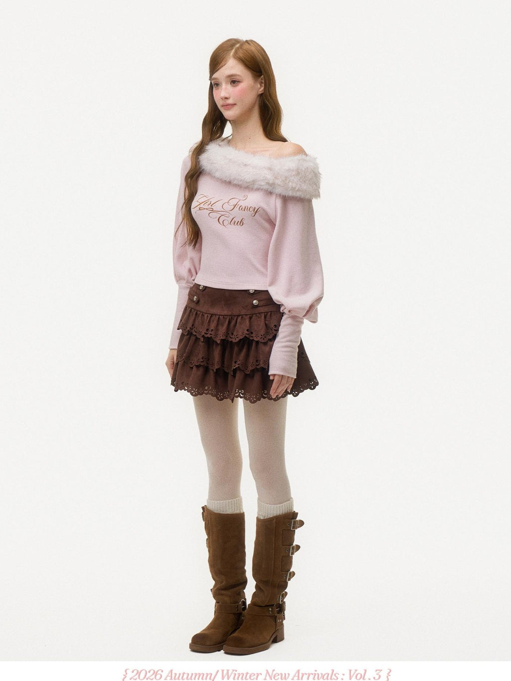 Girly Fancy Club Pink Letter Print Faux Fur Trim Off Shoulder Lantern Sleeve Women's Knit Sweaters