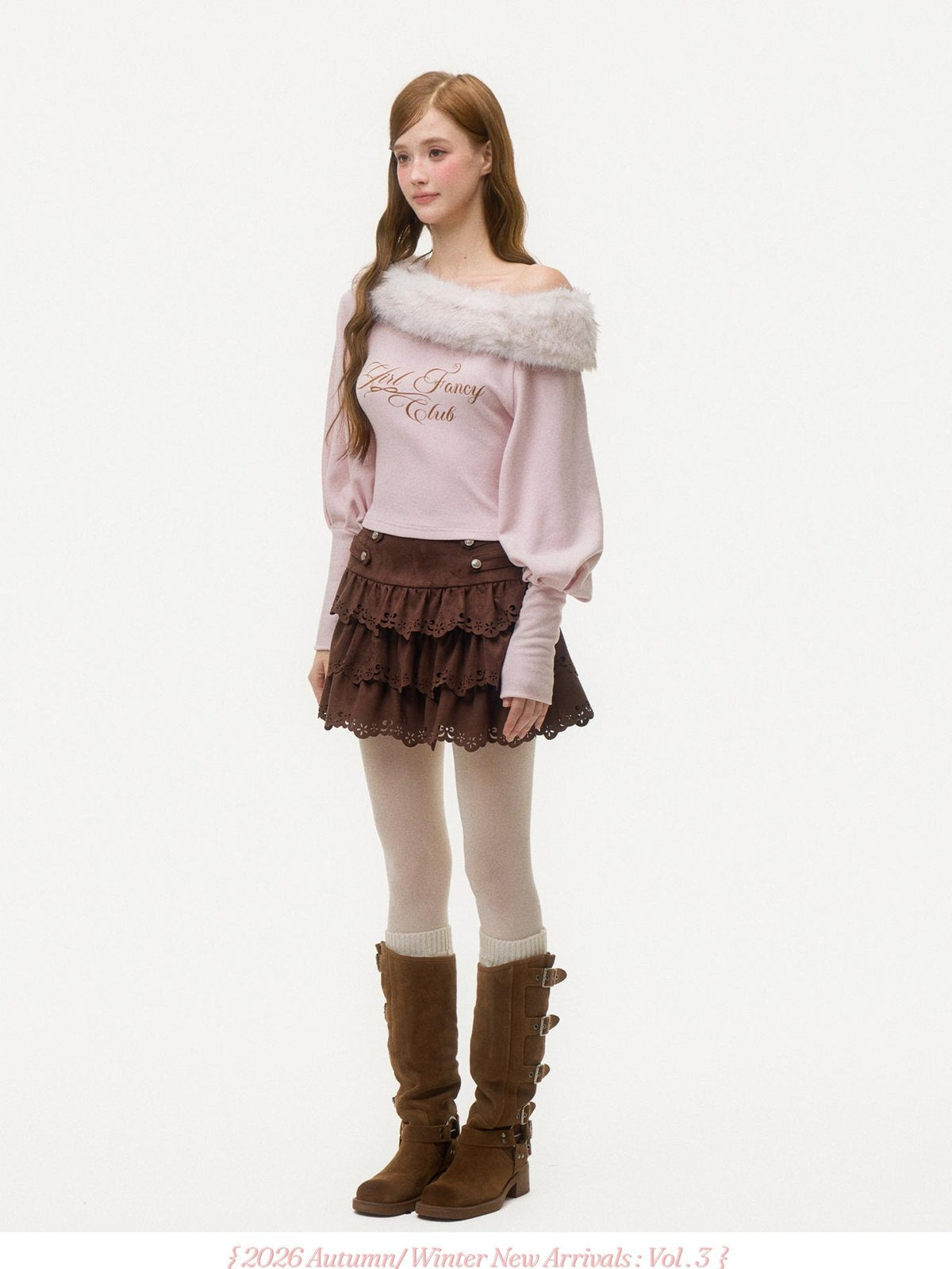 Girly Fancy Club Pink Letter Print Faux Fur Trim Off Shoulder Lantern Sleeve Women's Knit Sweaters