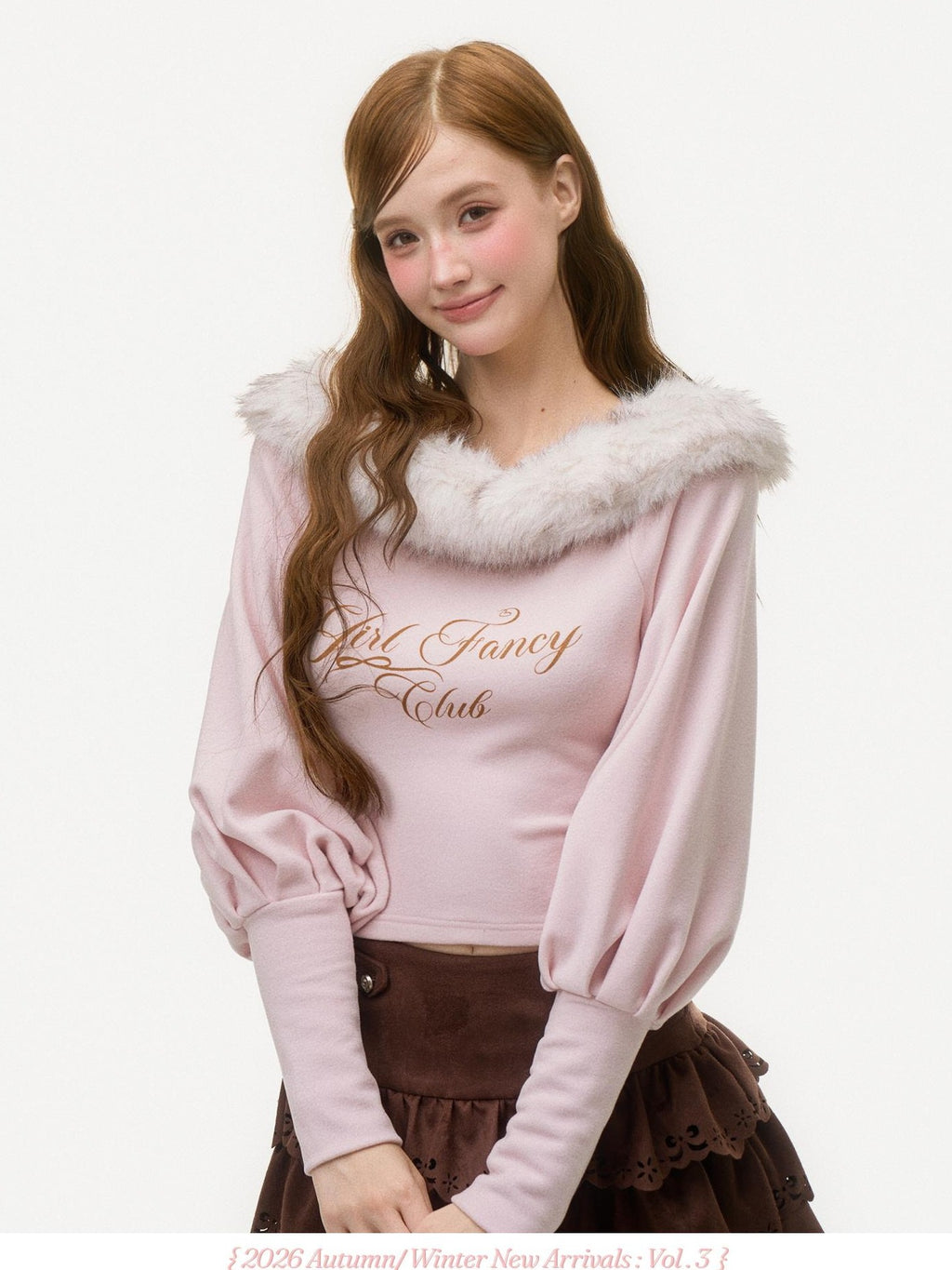Girly Fancy Club Pink Letter Print Faux Fur Trim Off Shoulder Lantern Sleeve Women's Knit Sweaters