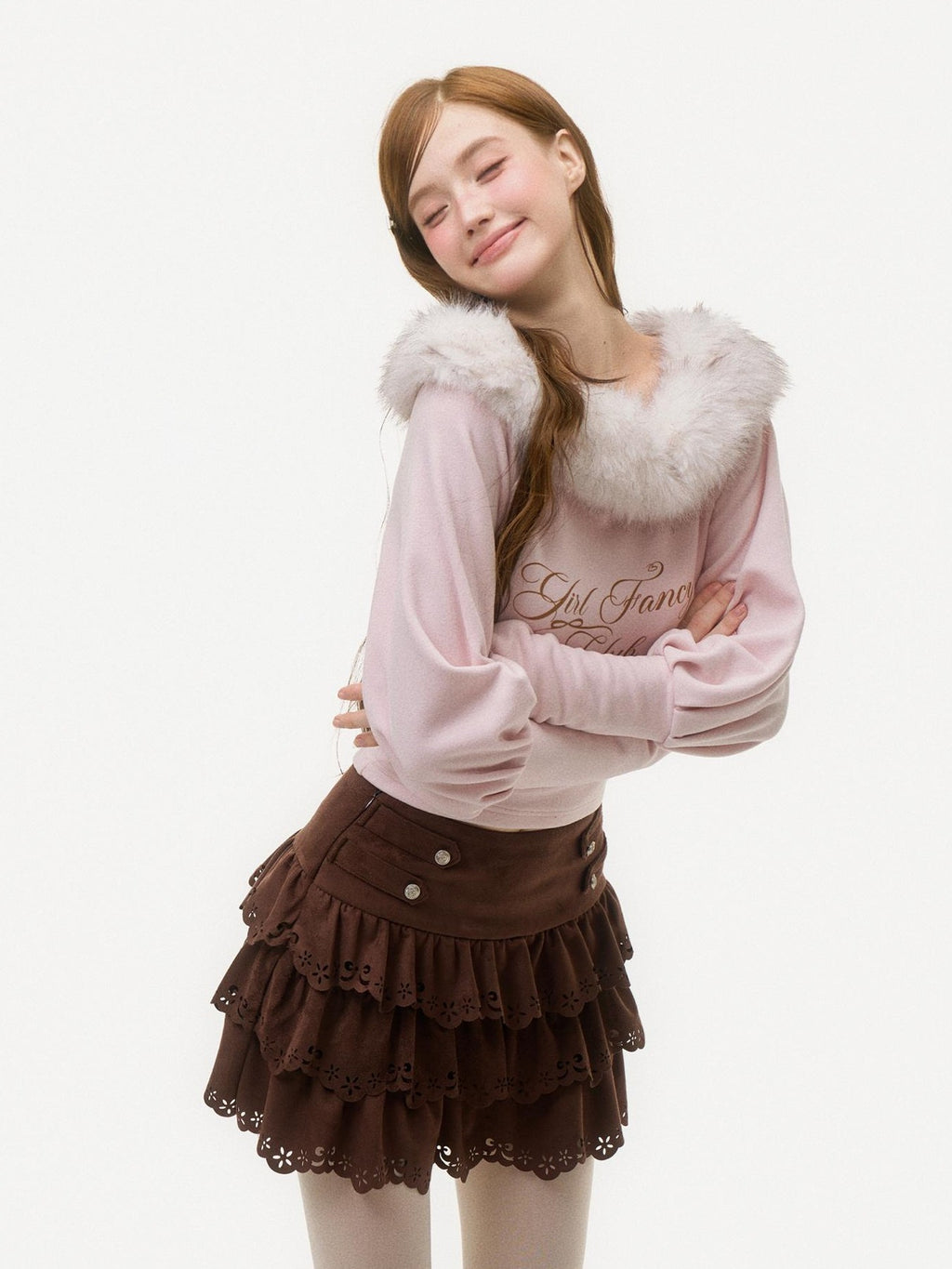 Girly Fancy Club Pink Letter Print Faux Fur Trim Off Shoulder Lantern Sleeve Women's Knit Sweaters