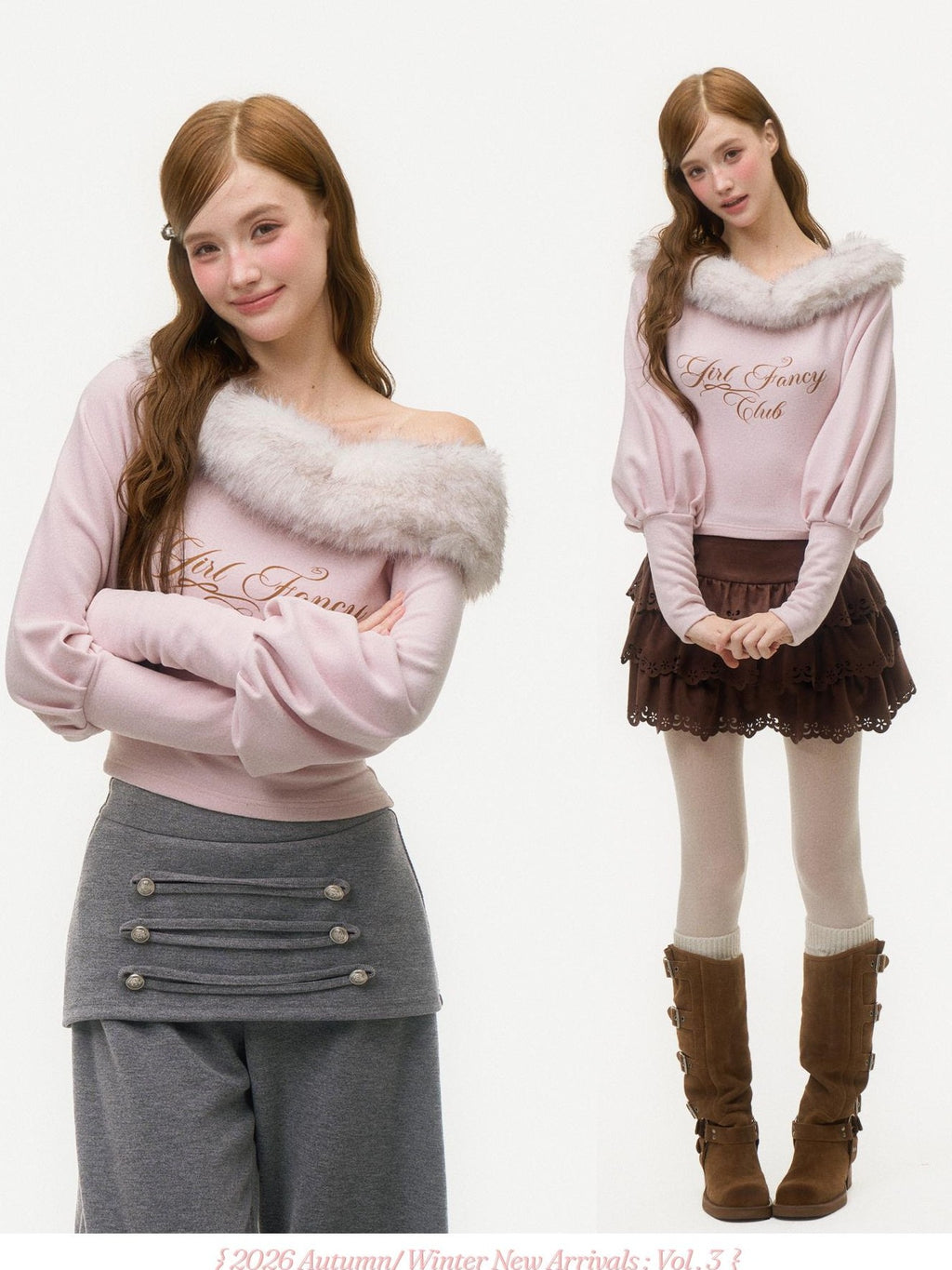 Girly Fancy Club Pink Letter Print Faux Fur Trim Off Shoulder Lantern Sleeve Women's Knit Sweaters