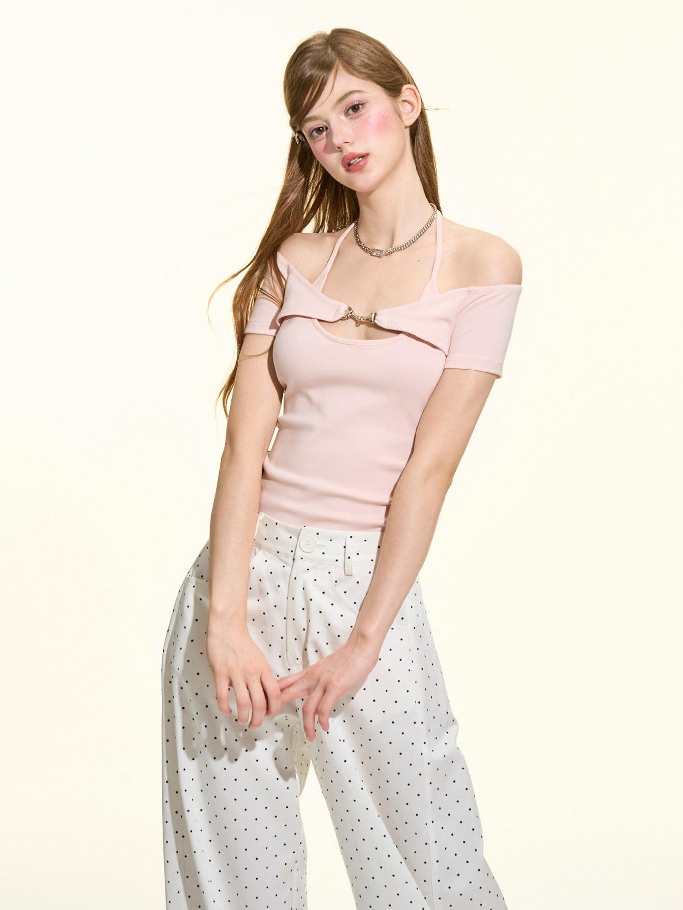 Girly Fancy Club Pink Metal Buckle Tie Halter Slim Women's Lycra Cotton Off-shoulder T-shirts