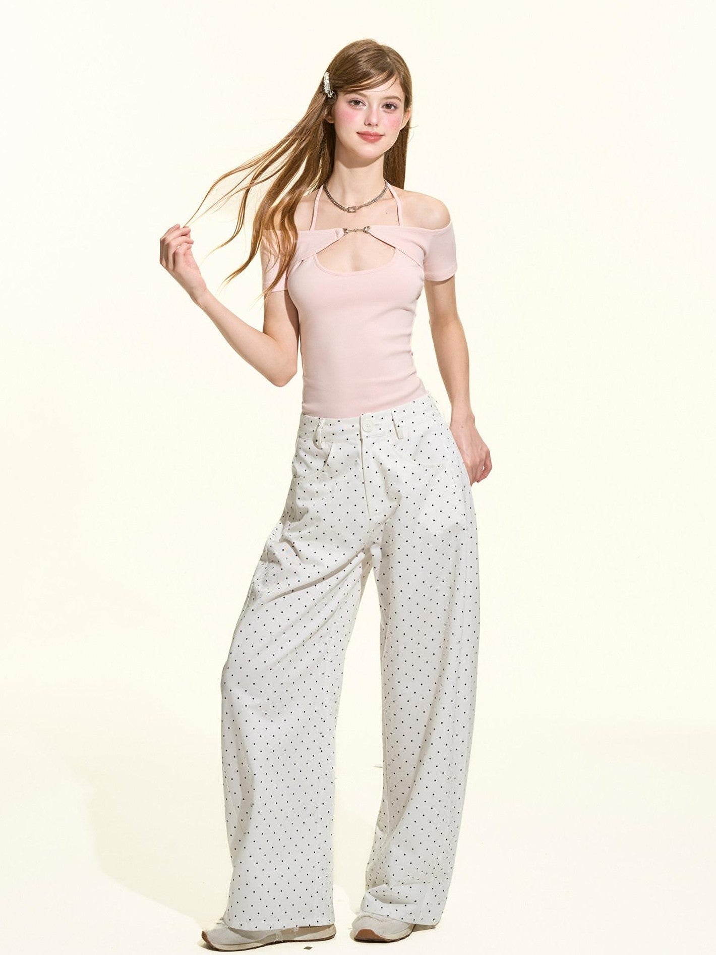 Girly Fancy Club Pink Metal Buckle Tie Halter Slim Women's Lycra Cotton Off-shoulder T-shirts